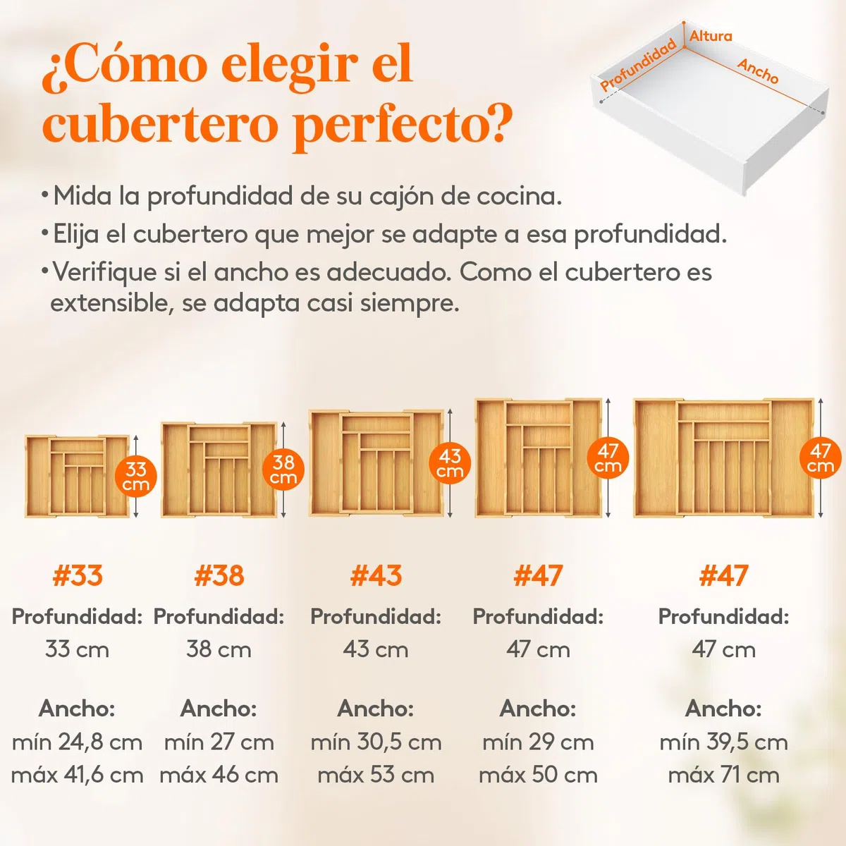 Lifewit Pequeño Bandeja para Cubiertos para Cajones, Profundidad de 33 cm, Cuberteros Extensible de Hasta 42 cm de Ancho, Organizador de Cocina para Pequenos Cubiertos, Cucharas de Te, Tenedores