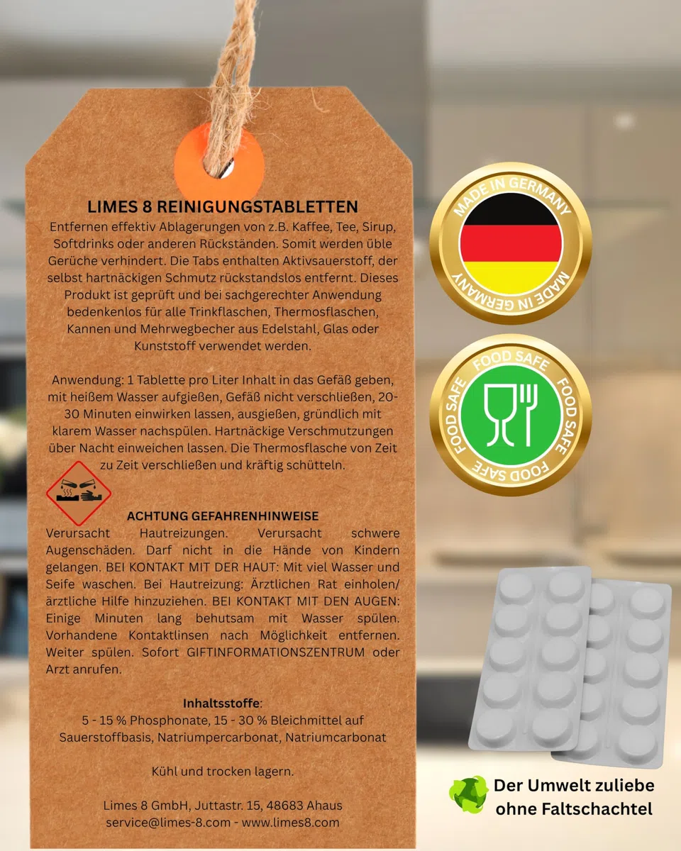 Potentes pastillas de limpieza para botellas de agua, fórmula 60% más fuerte, 40 pastillas biodegradables, fabricadas en Alemania, para acero inoxidable, vidrio, plástico, limpieza higiénica y