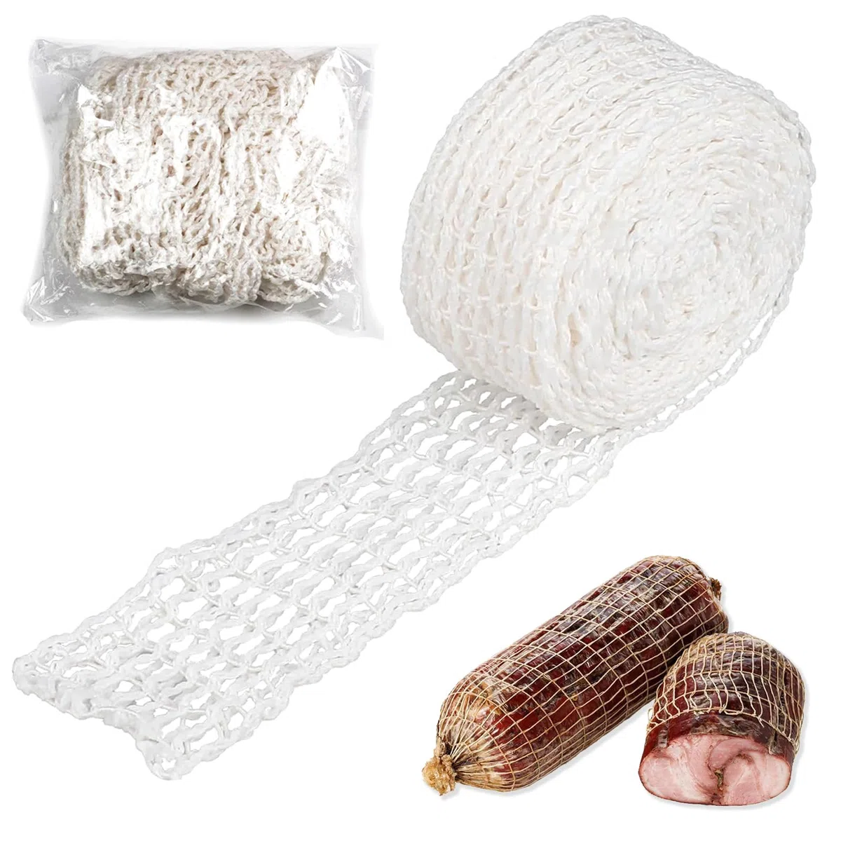 Malla para Carne en Rollo de 10m, 18 Agujeros - Red Elástica Blanca para Cocinar, Curar y Conservar Jamón, Carnes Asadas y Embutidos