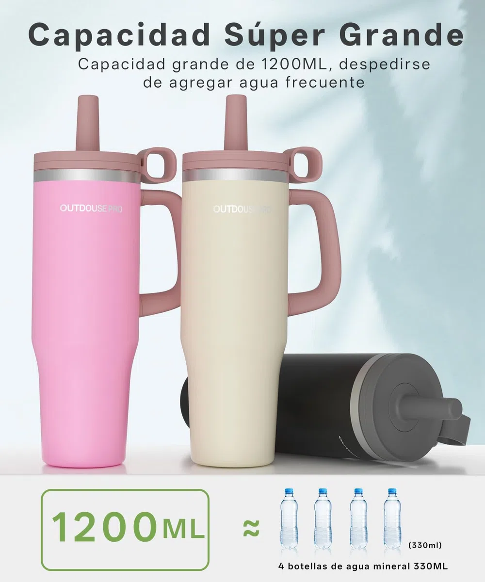 1200ml Taza Térmica - Vaso Térmico con Asa y Pajita - Termo Café sin BPA 1.2L - Taza para Beber Caliente y Frío - Rosa