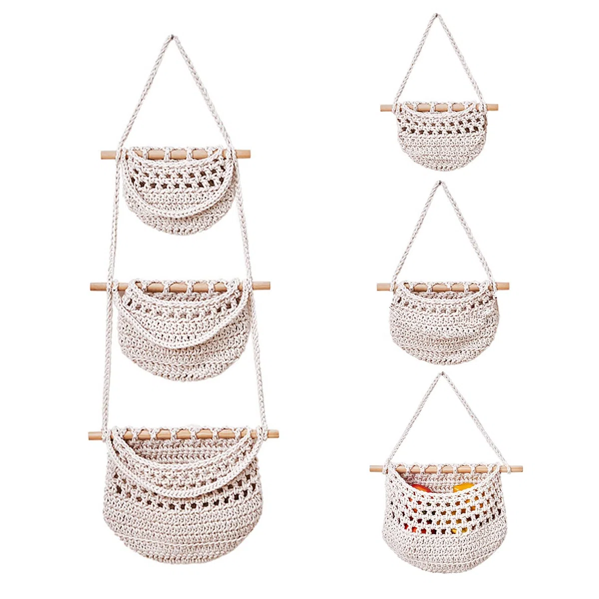 Cesta Colgante de Frutas, Hecha a Mano Cesta de Fruta, Cesta de Frutas Colgantes de Tejido, Diseño Desmontable, Adecuado Para Almacenar Fruta, Verdura, Aperitivos y Otros Artículos, Beige