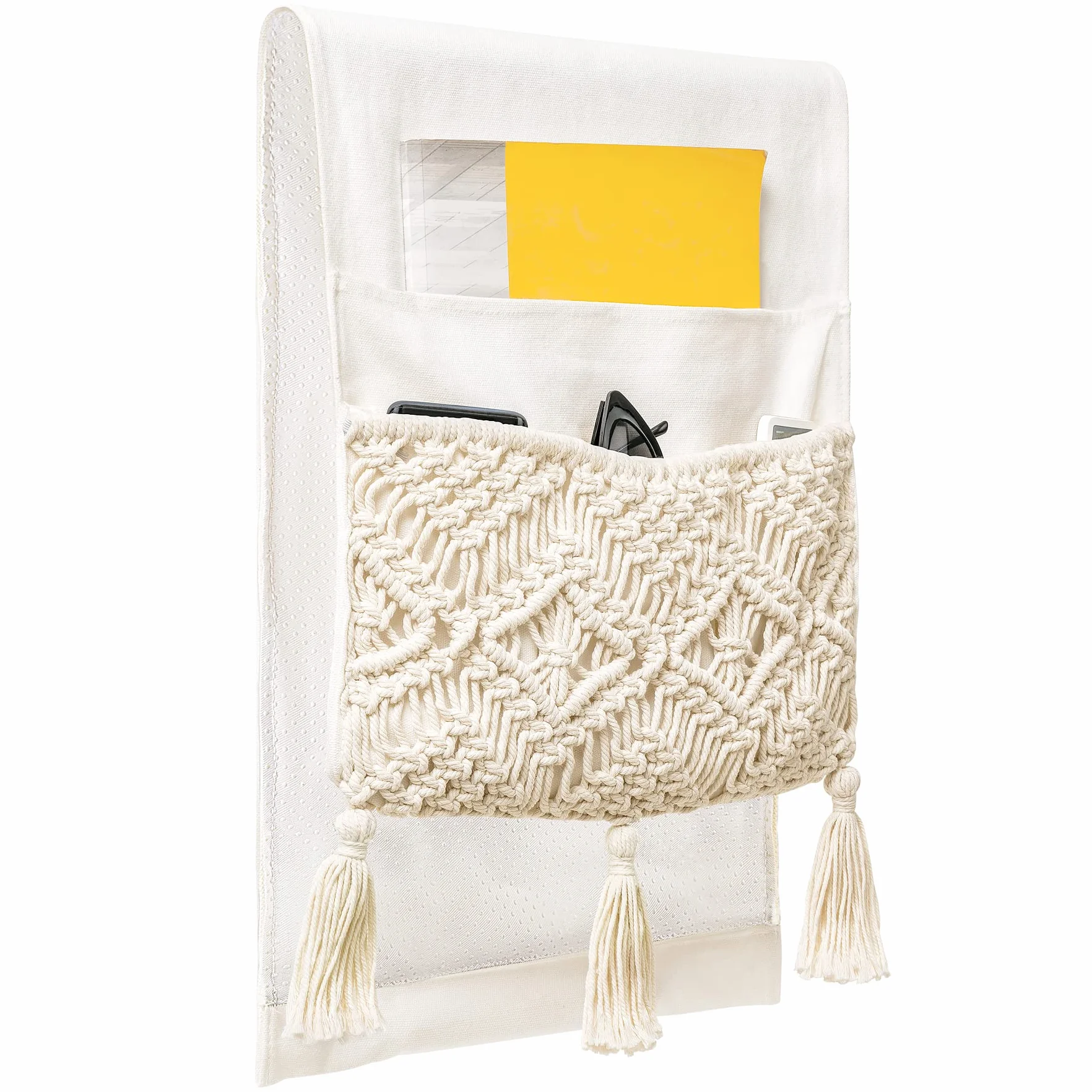 Mkono Organizador de sofá de macramé, organizador de control remoto, reposabrazos, sillón, mesita de noche, bolsa de almacenamiento para control remoto de TV, revistas, libros, teléfono celular, iPad