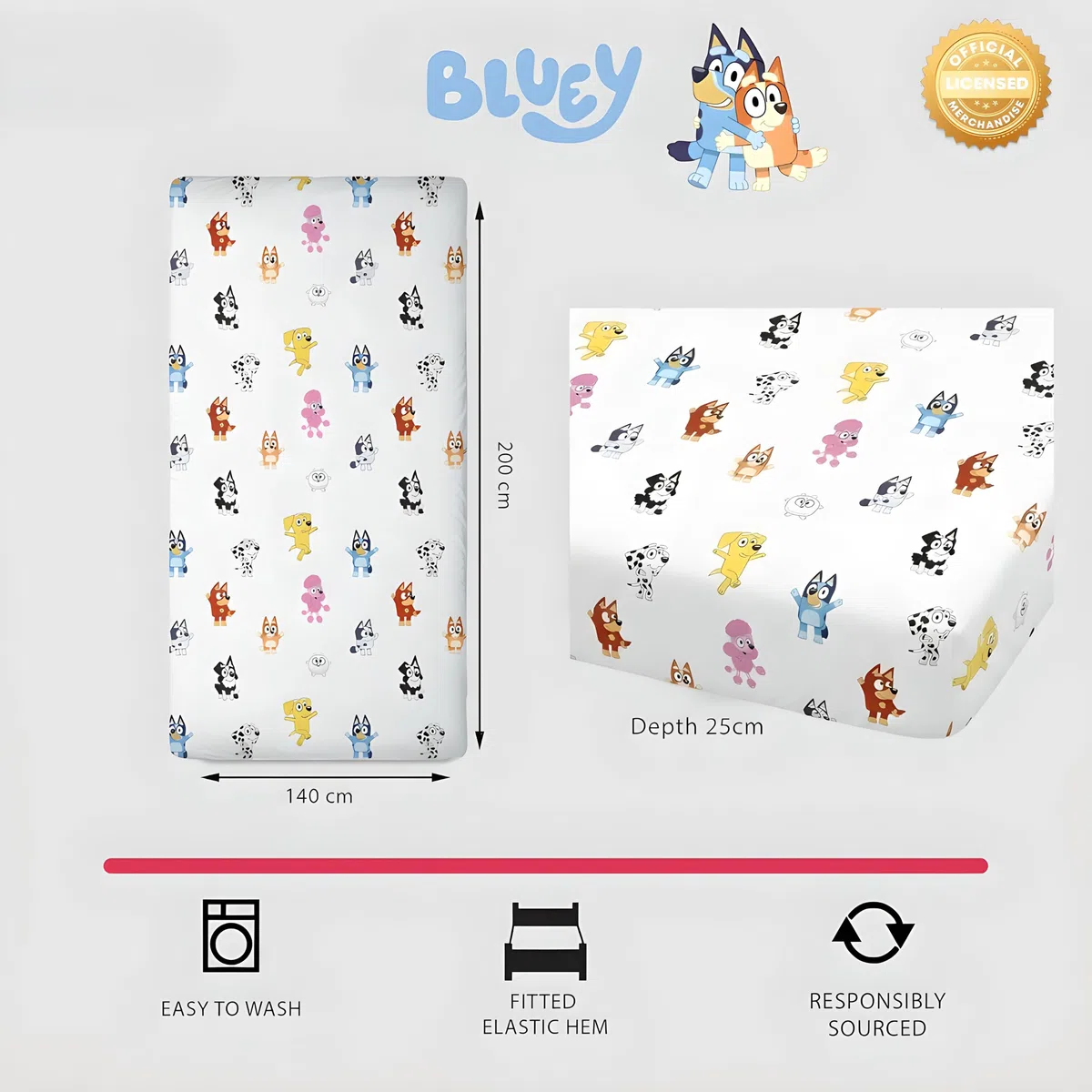 Sábana Bajera Ajustable Bluey Blanca 100% Algodón Suave | Sábana para Cama Individual con Esquinas Elásticas 90x200 + 25 cm | Sábana Infantil Oficial Bluey