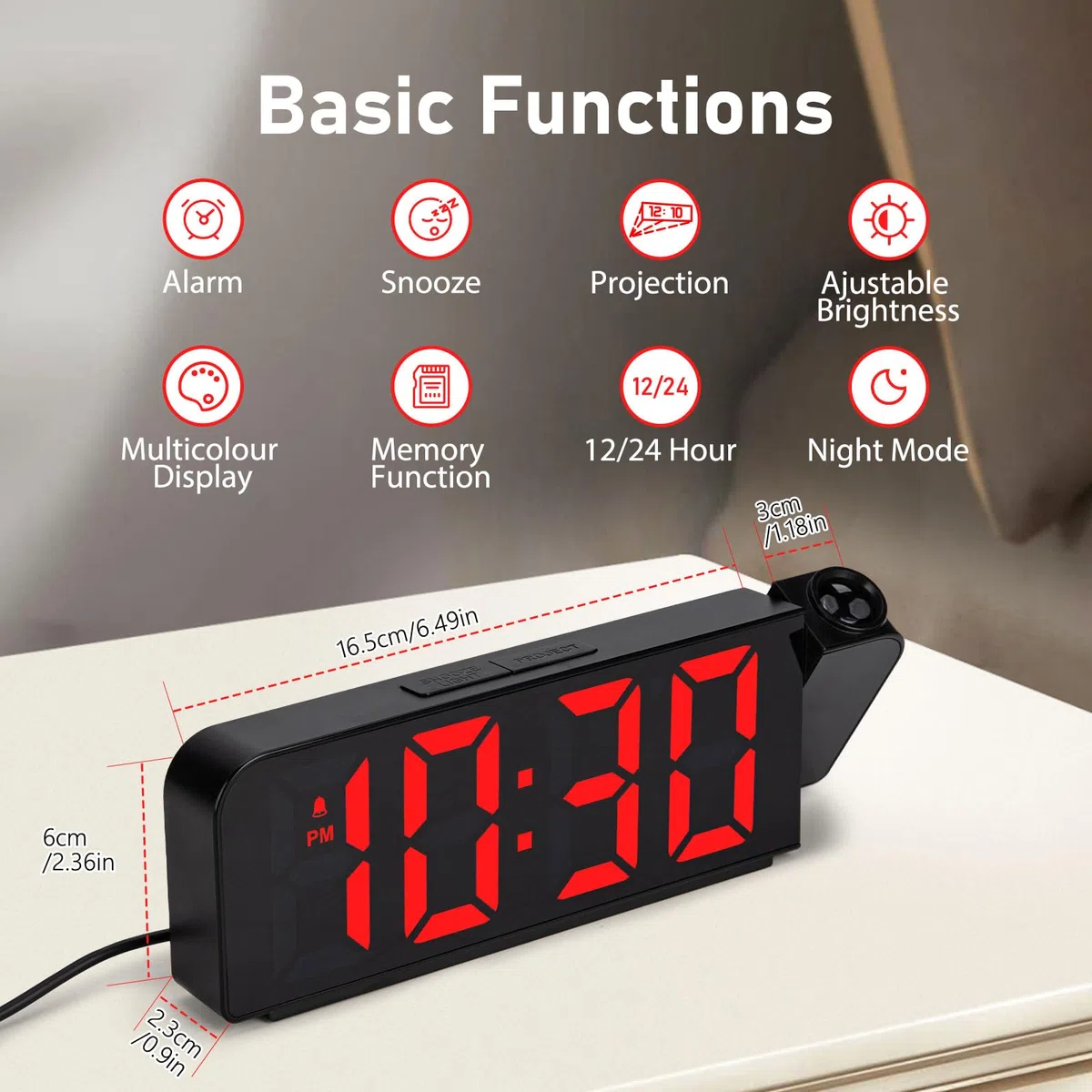 Reloj Despertador Digital con Proyector con Temperatura y Fecha Pantalla Grande RGB 4 Niveles de Brillo Modo Nocturno 12/24H