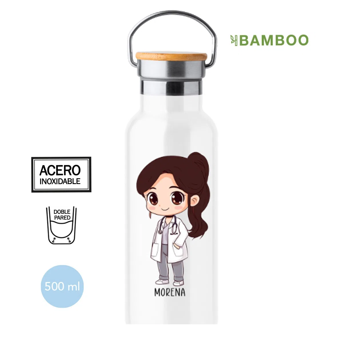 Botella Térmica para medicas personalizada de Acero Inoxidable, 500ml, Diseño Médico Personalizado con Nombre, Tapa de Bambú, Blanco (Botella médica personalizada, MORENA)