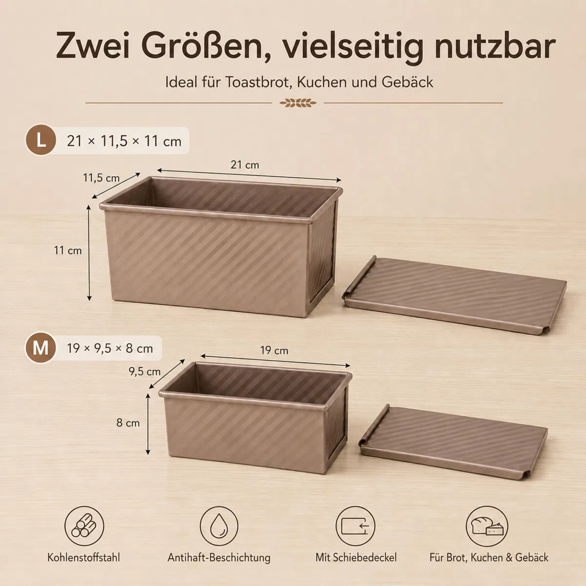 URMONA Molde para Pan con Tapa Set 2 Piezas, Moldes para Pan de Molde con Orificios de Ventilación, Acero al Carbono para Horno y Panificadora (M+L,Rosado Dorado)