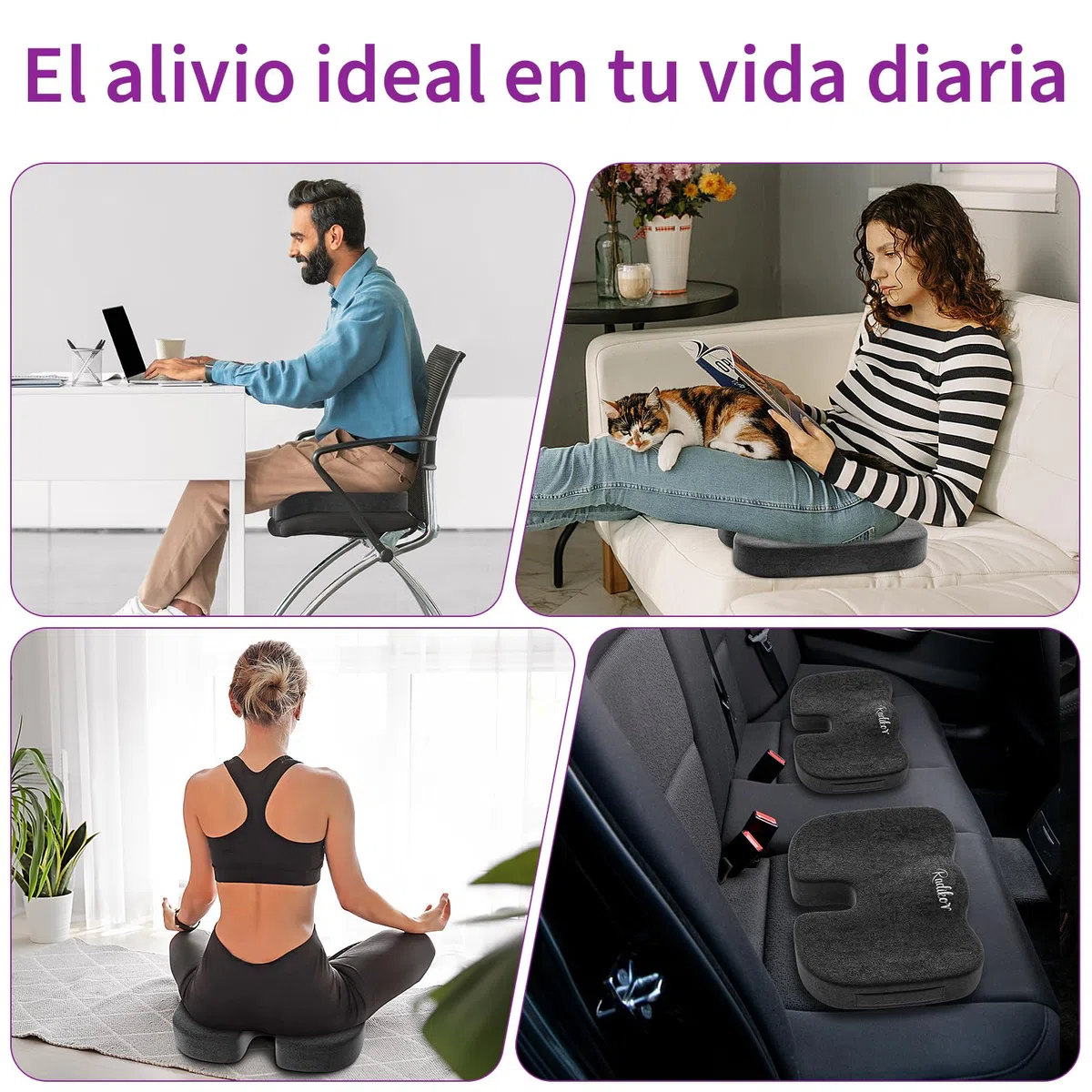 Radikor Cojin Coxis, Cojin Silla Oficina, Cojin Ortopedico Ergonómico, Fabricado en Espuma con Memoria, con Base Antideslizante, Alivia el Coxis, Negro