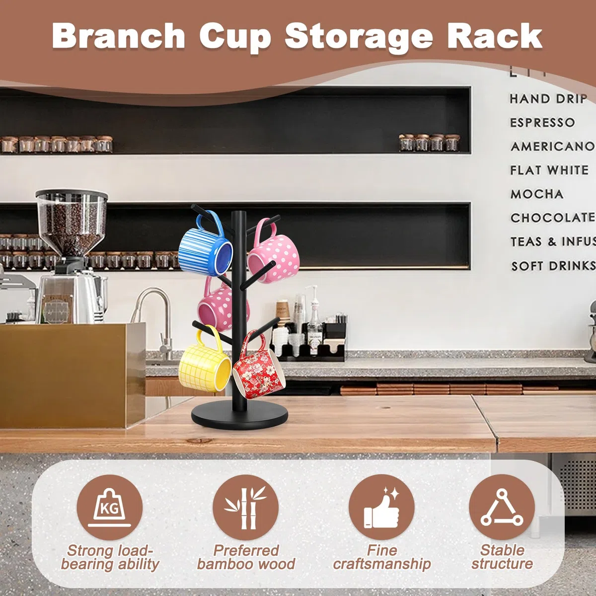 Portavasos Bambú con 6 Ganchos, Soporte Tazas Café con Base Engrosada, Copa Árbol, Estante Almacenamiento, Organizador Colgar para Encimera, Mostrador, Cocina, Oficina, Barra Cafe, Hogar (Negro)