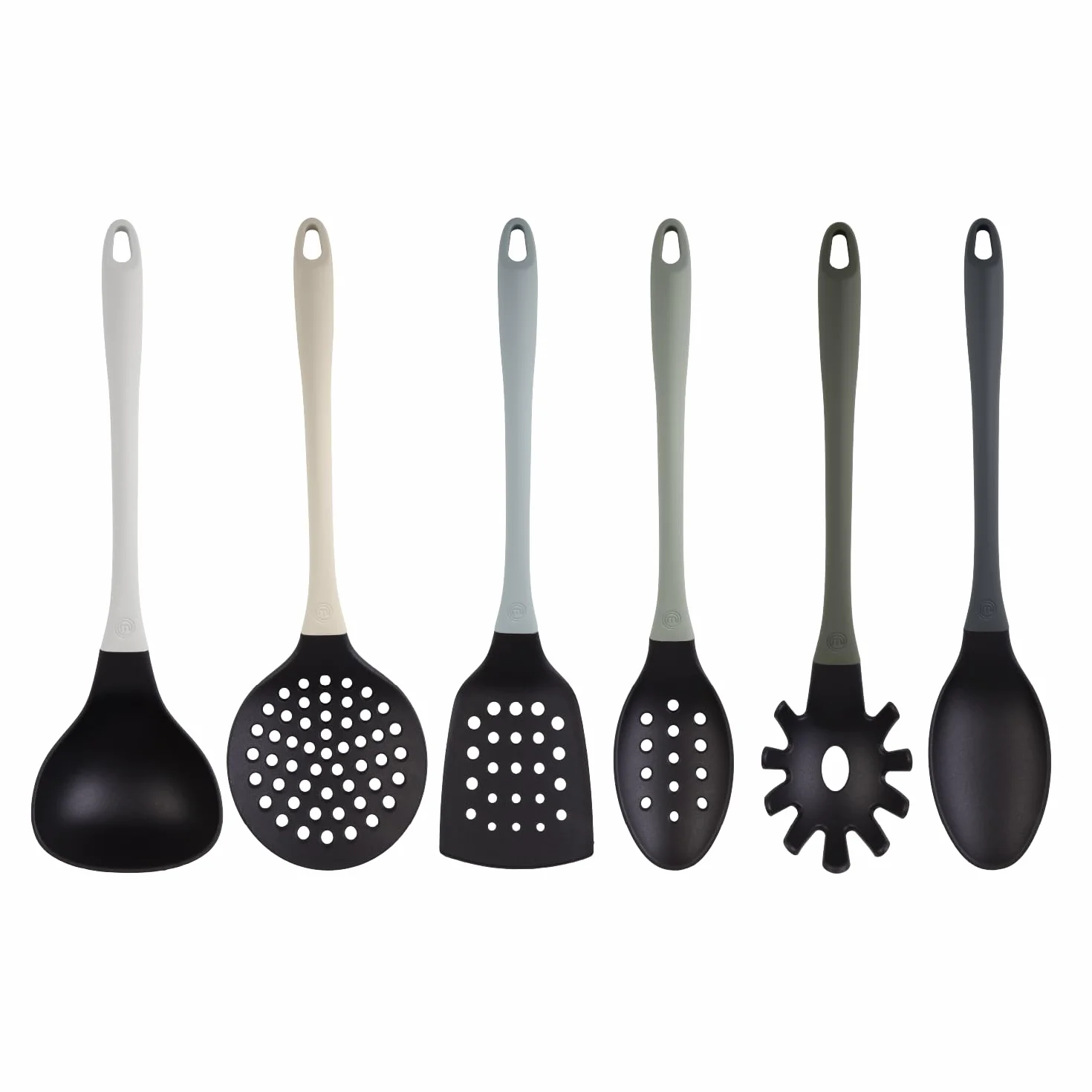 Masterchef Utensilios de Cocina con Cucharas, Espatula, Cazo para Sopa, Espumadera y Cucharon, Resistentes al Calor, Set Menaje, Accesorios Antiadherente, Gris