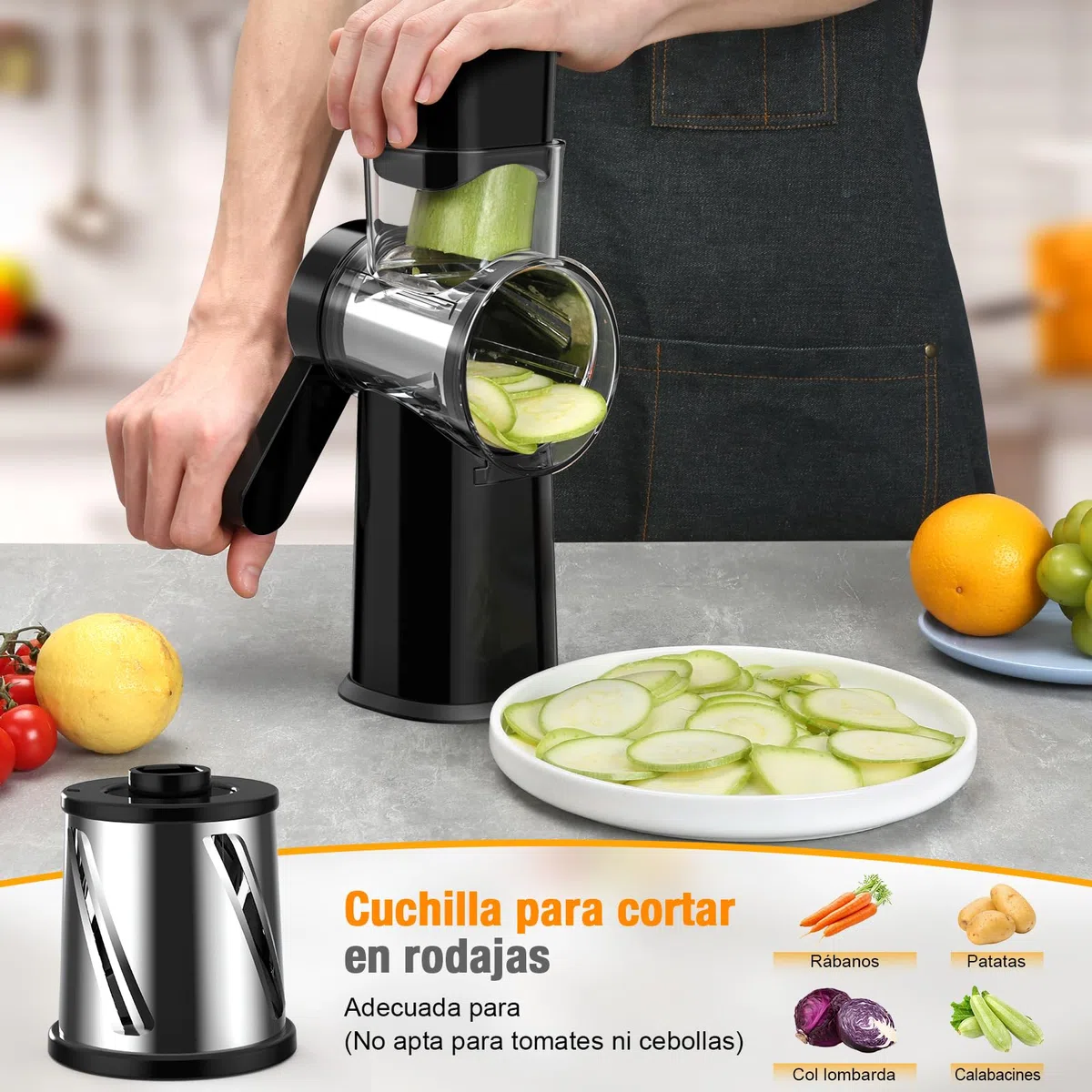 Ibergrif Rallador de Queso Manual con Manivela, Rallador Giratorio Multifunción - 3 Cuchillas de Acero Inoxidable 430 para Cortar, Rallar y Laminar, con Protector de Dedos y Base con Ventosa