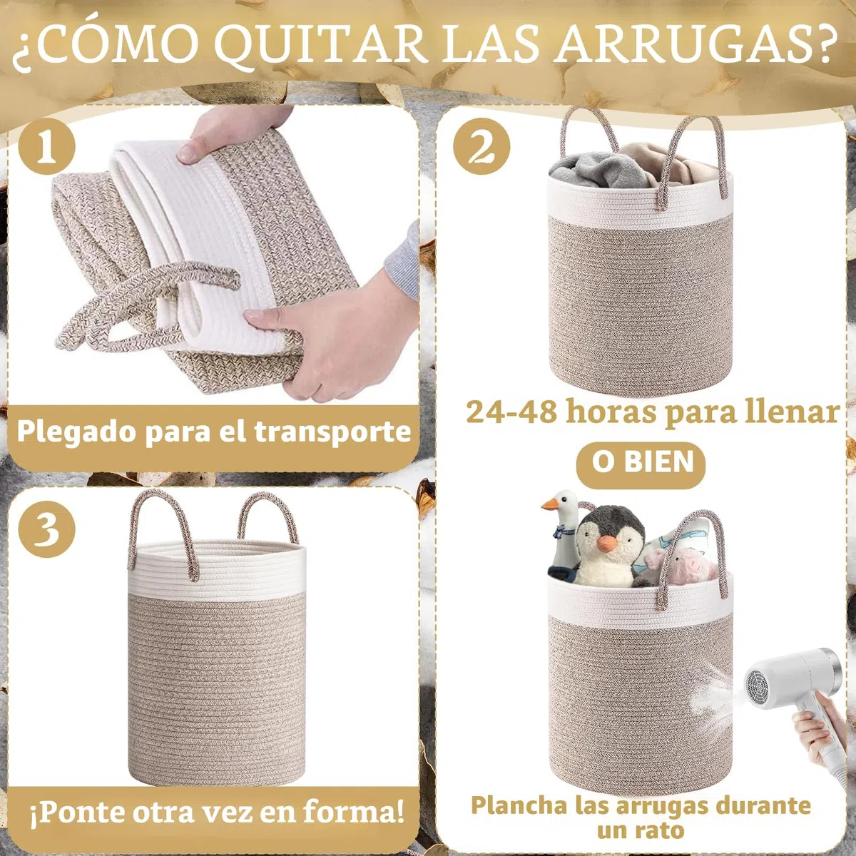 ZLPBAO XXL Cesto Ropa Sucia Trenzado de Algodón con Asa, 40L Cubo Ropa Sucia para Lavadero Habitación Infantil Salon Baño, Decorativas Cesta Para la Ropa Sucia para Almacenamiento