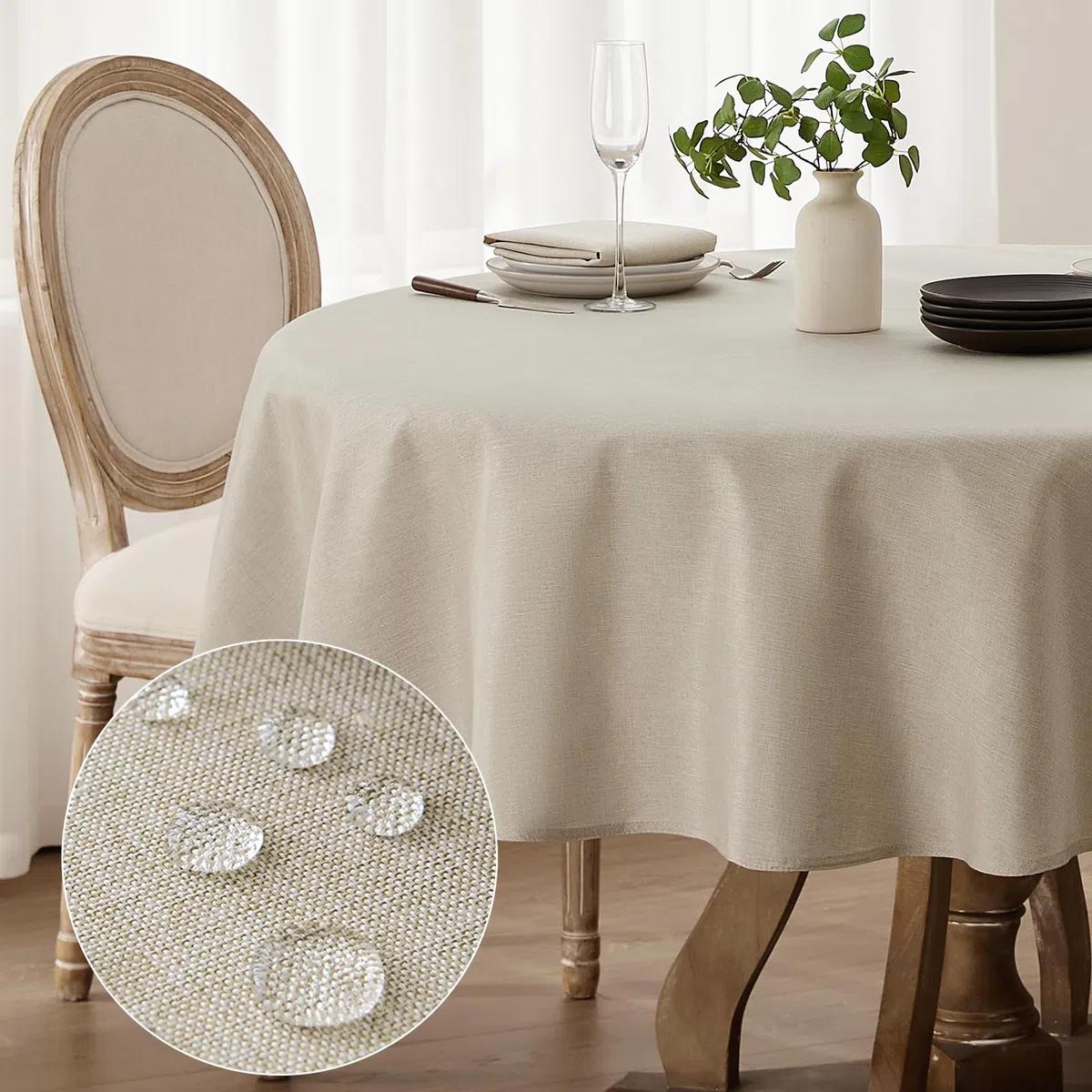 Softalker Manteles Beige Antimanchas Redondo 160 cm de diámetro Mantel de Falso Lino Mantel Exterior Repelente al Agua Protege la Mesa para Comedor,Cocina,cumpleaños,Festivos,Picnic,Fiestas,1 Pieza