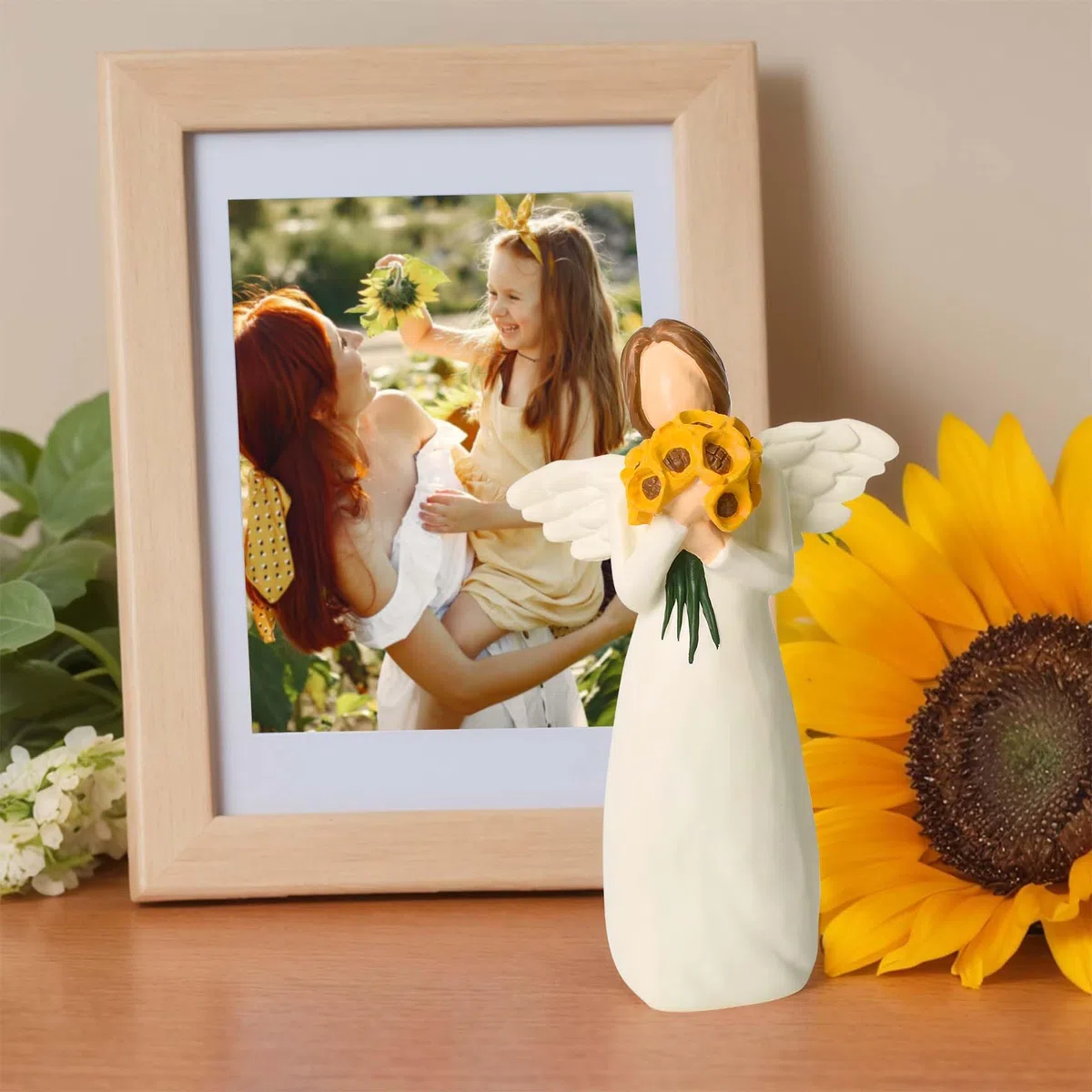 Figuras de ángel de la guarda, regalos de ángeles de girasol para mujeres, figura de ángel de girasol, decoración del hogar, estatua de ángel curativo pintada, con flores, regalos de ángel para
