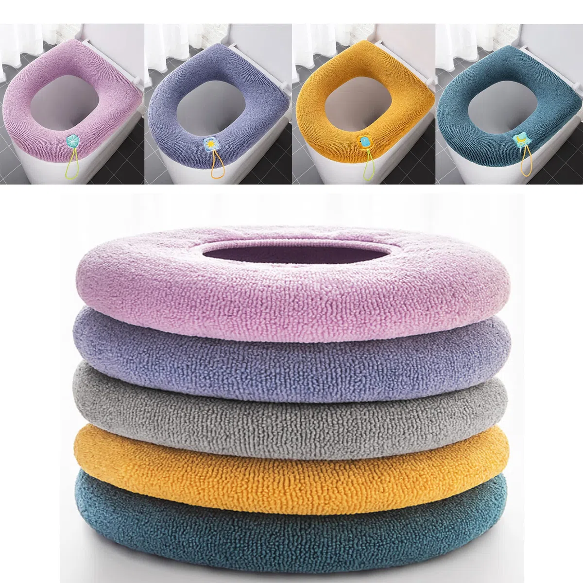 5 Piezas Asientos De Inodoro, Funda de Asiento de Inodoro, Asientos para Inodoro, Cojín de baño Suave y cálido Lavable, Universal Asiento Grueso de WC, Cubierta de Asiento de Inodoro con Mango