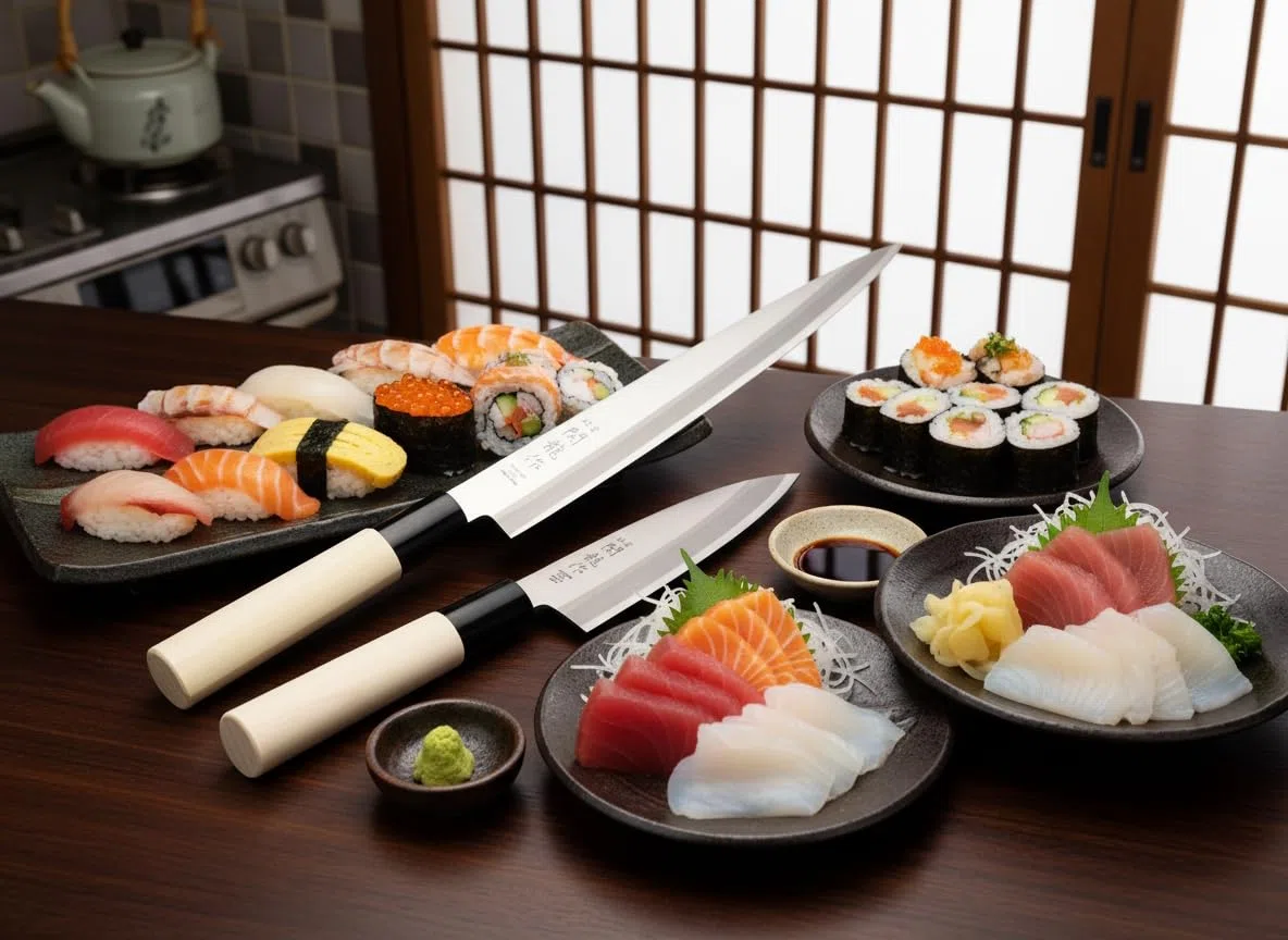Cocktail7 - Juego de 2 cuchillos tradicionales japoneses especiales, juego de cuchillos Sashimi Yanagiba 21 cm + cuchillo Mini Deba 10,5 cm, hoja de acero inoxidable 420 J2, Mitre de nailon, fabricado