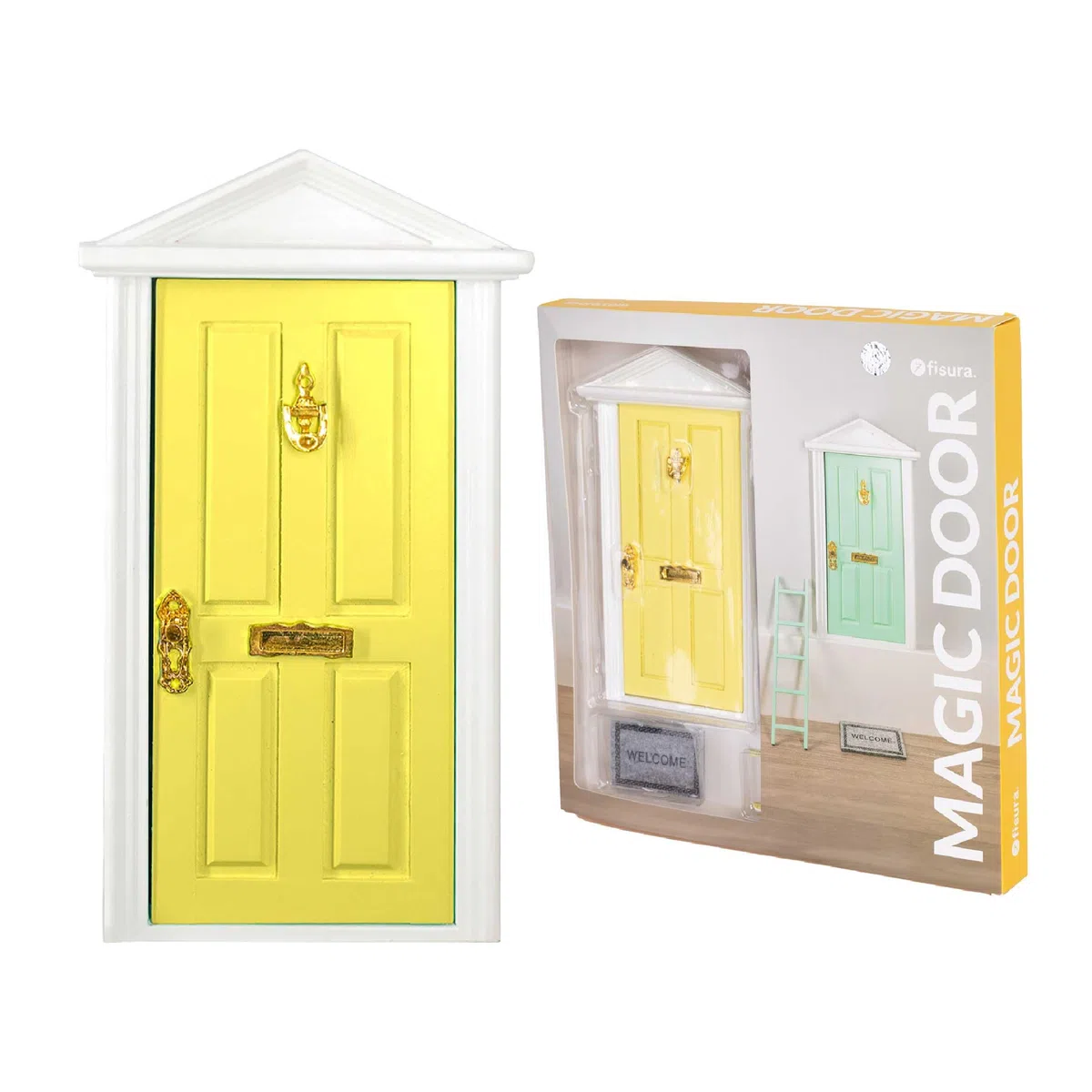 FISURA – Puerta Ratoncito Pérez que se abre con escalera, felpudo, pegatina y certificado de dientes limpios. Regalo original para niño y niña. Amarilla.