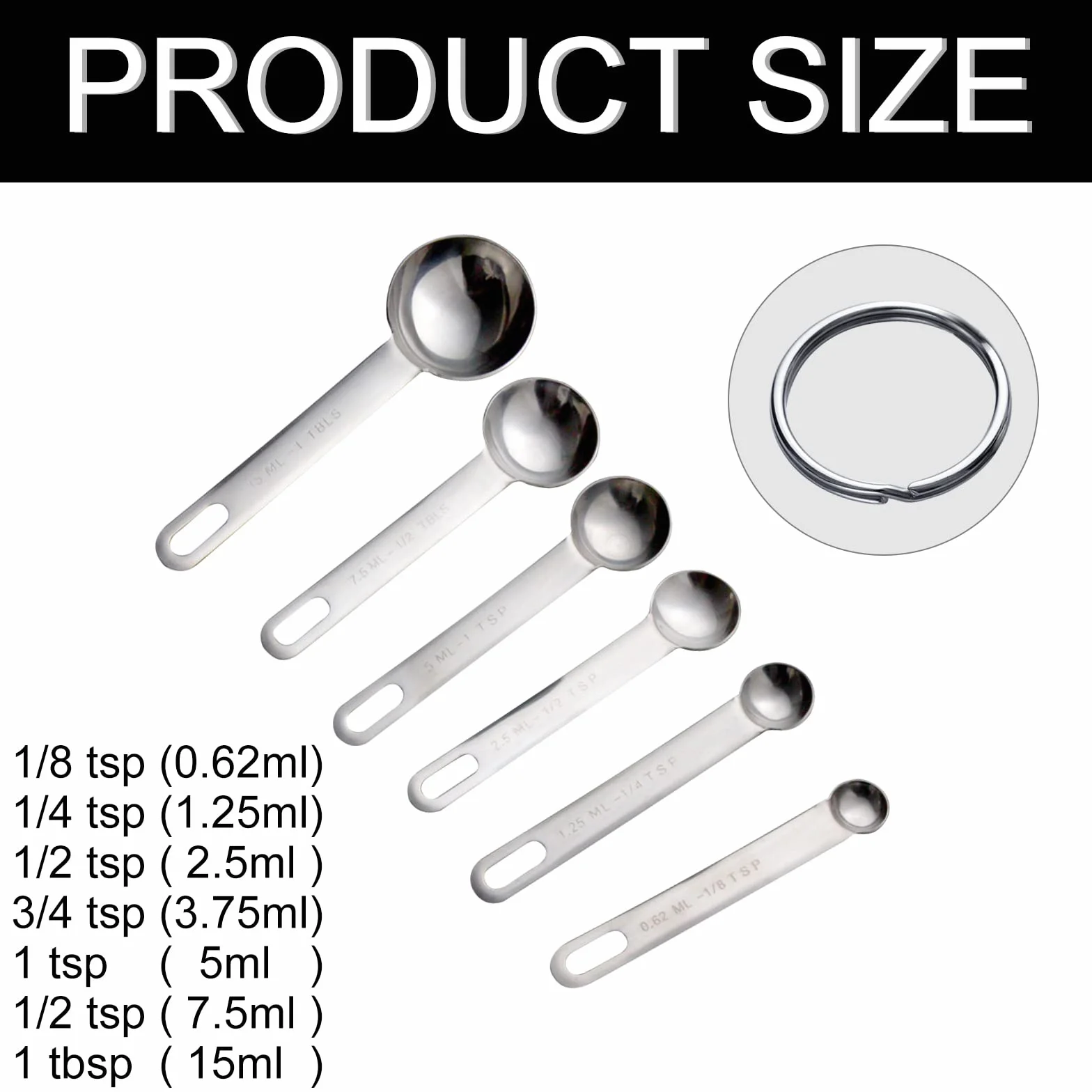 Juego de 6 cucharas medidoras: 1/8, 1/4, 1/2 cucharadita, 1/2 cuchara, 1/2 cuchara, 1 cuchara de cocina de acero inoxidable, cuchara medidora de ingredientes líquidos secos, medición de horneado de
