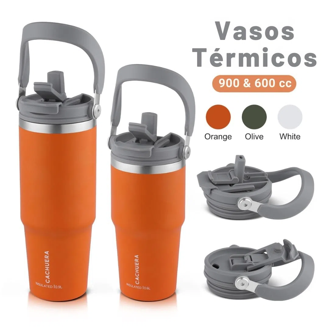 Vaso térmico de acero inoxidable CACHUERA: doble pared, tapa 2 en 1, termo, colores vibrantes. Conserva el calor 8 hs y el frío 15 hs. Disponibles en dos tamaños (NARANJA, 600)
