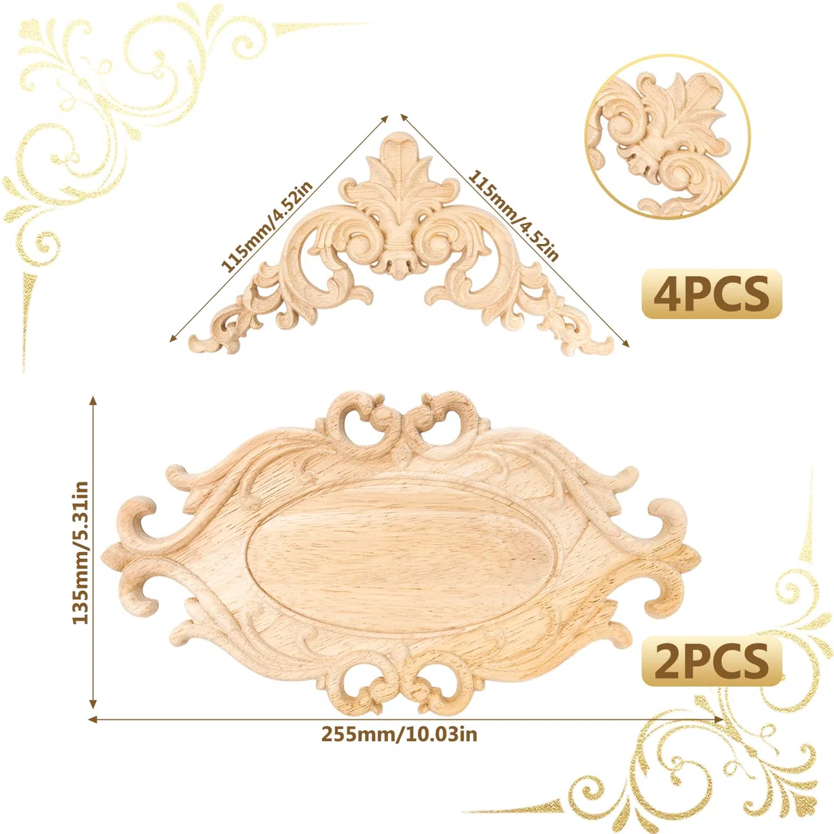 6 Piezas Molduras de Madera Aplique Tallado, Decorativas de Madera, Esquinas, para Muebles y Armarios 26 * 15 cm 12 * 12 cm