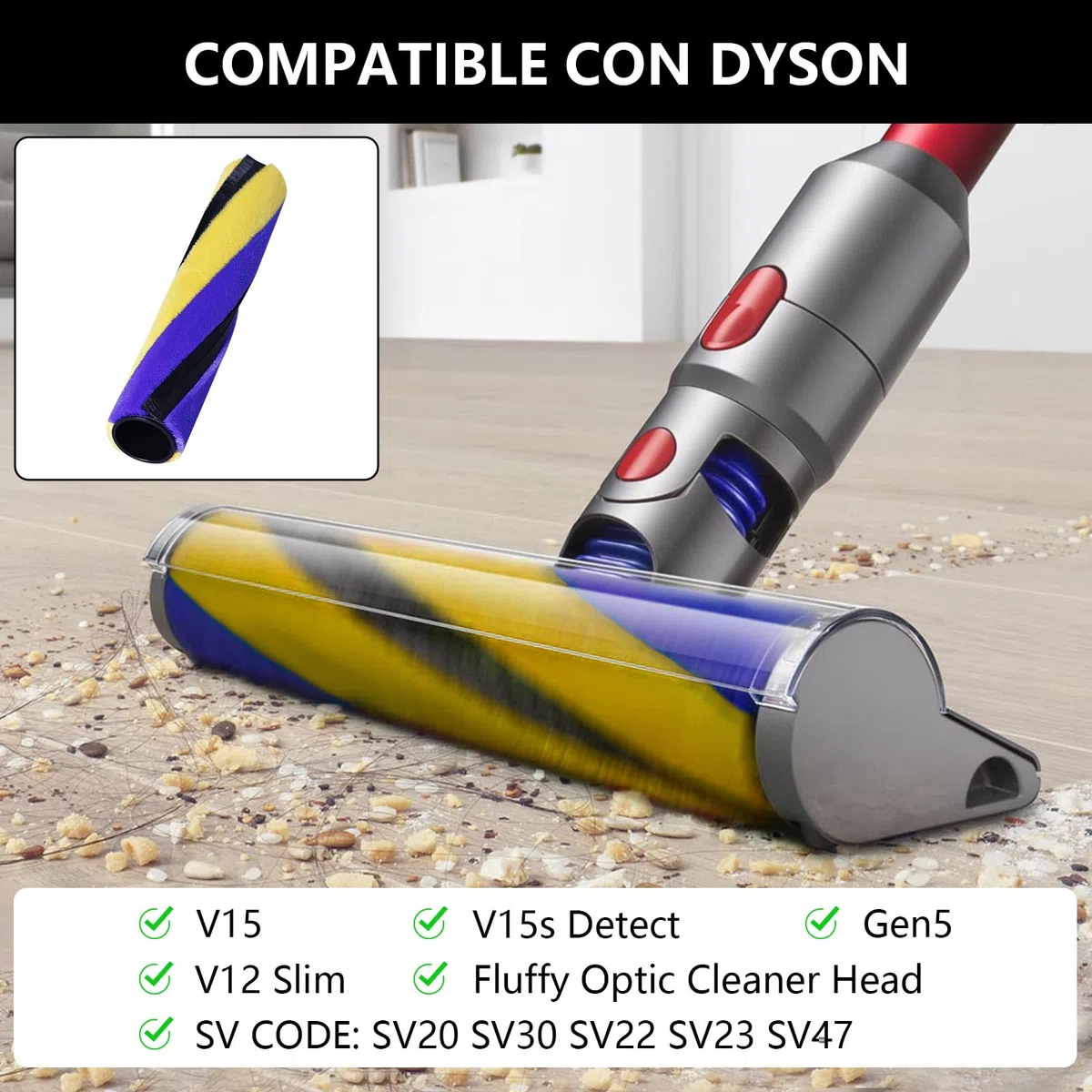 Yivy para Dyson V15/V15s Detect/Gen5/V12/V8 Slim – Cepillo de Rodillo Suave para Pisos, N.º 971634-01