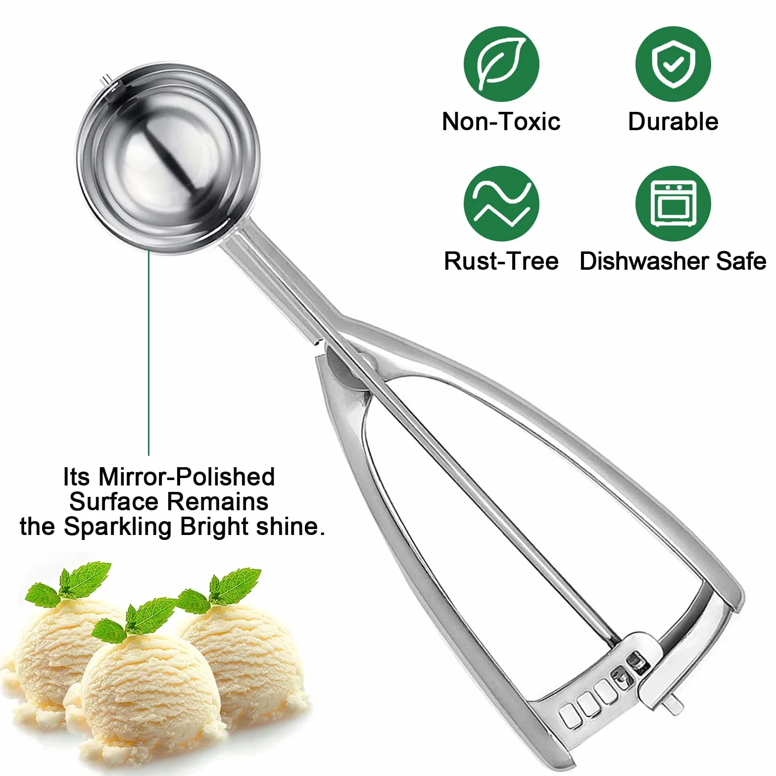 Cuchara para Helados, 5cm Cuchara de Helados con Gatillo 304 Cuchara de Helado de Acero Inoxidable Cuchara Disparador para Bolas de Helado para Helados, Frutas, puré de Alimentos
