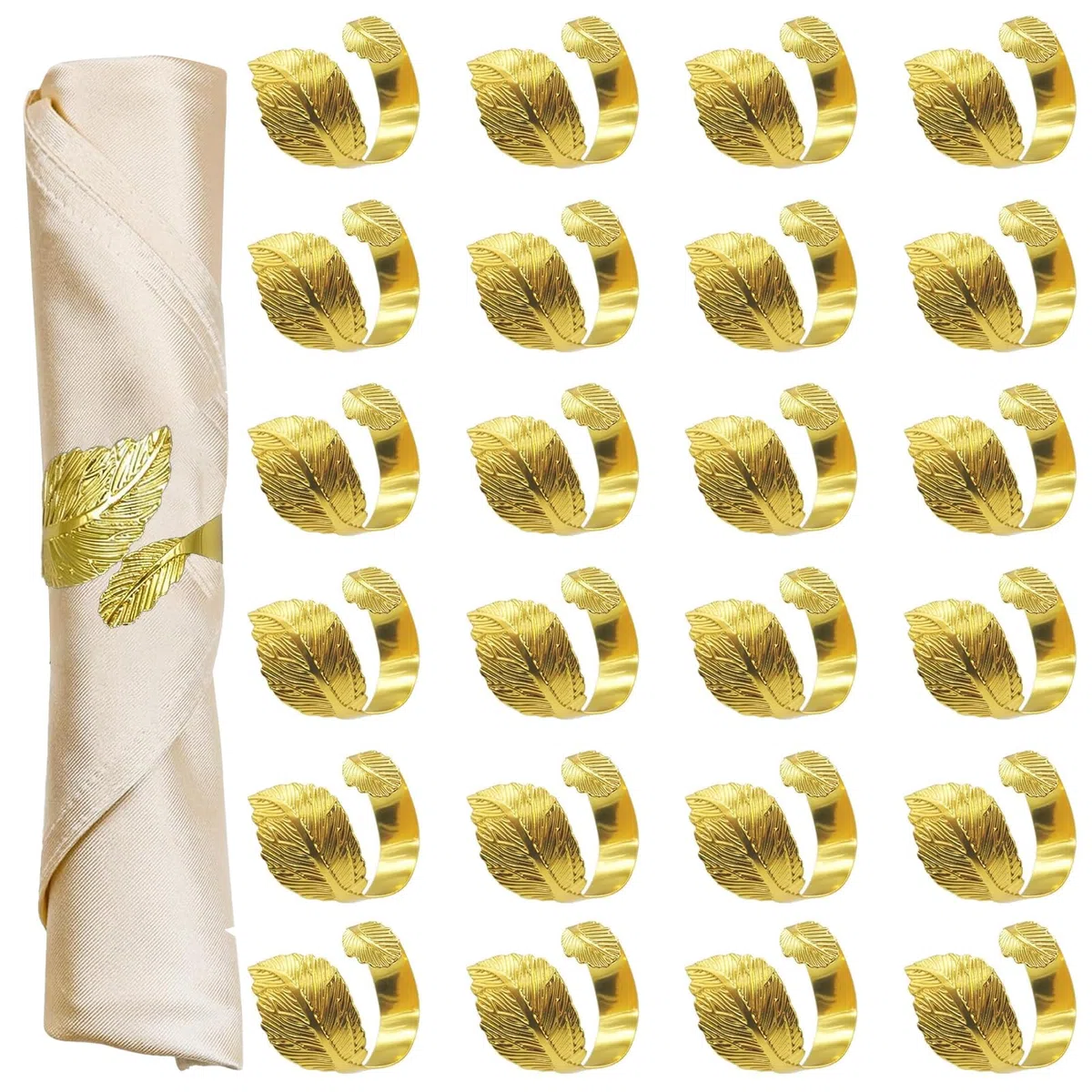 Juego de 24 servilleteros en forma de hoja, servilleteros de metal para decoración de mesa, servilleteros de tela para bodas, Navidad, cumpleaños, decoraciones (G, 4,4 cm)