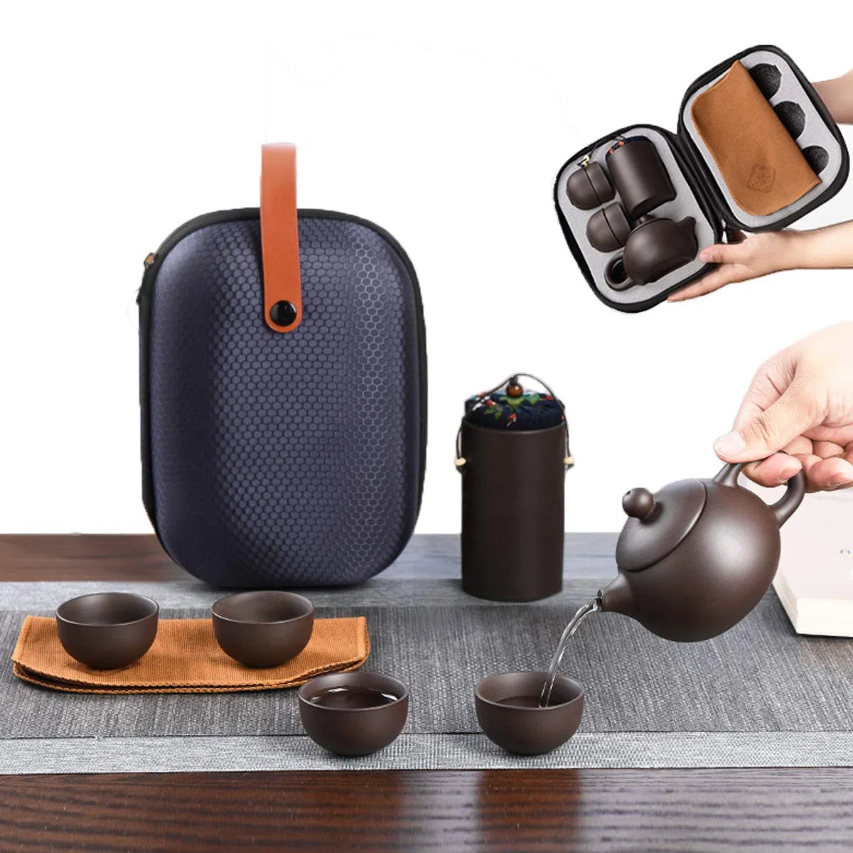 Juego De Té Kungfu Arcilla Morada Juego De Tetera con 1 Tetera + 4 Tazas De Té + 1 Estera De Té + 1 Cubo De Té + Bolsa Protectora Portátil para Té A Granel o Té En Flor