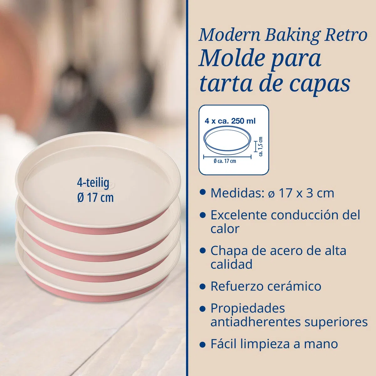 Dr. Oetker Molde Layer Cake, Diseño Retro, Molde Redondo para Tartas con Revestimiento Antiadherente Especial con Refuerzo Cerámico, Color Rosa / Crema, 17x3 cm, 4 uds.