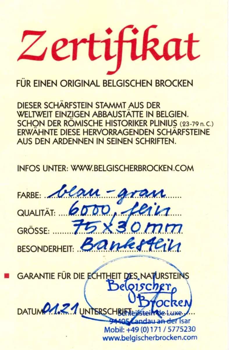 Belgischer Brocken piedra afiladora azul 75x30 mm. Piedra de afilar finamente para cuchillas, instrumentos quirúrgicos, maquinillas de afeitar