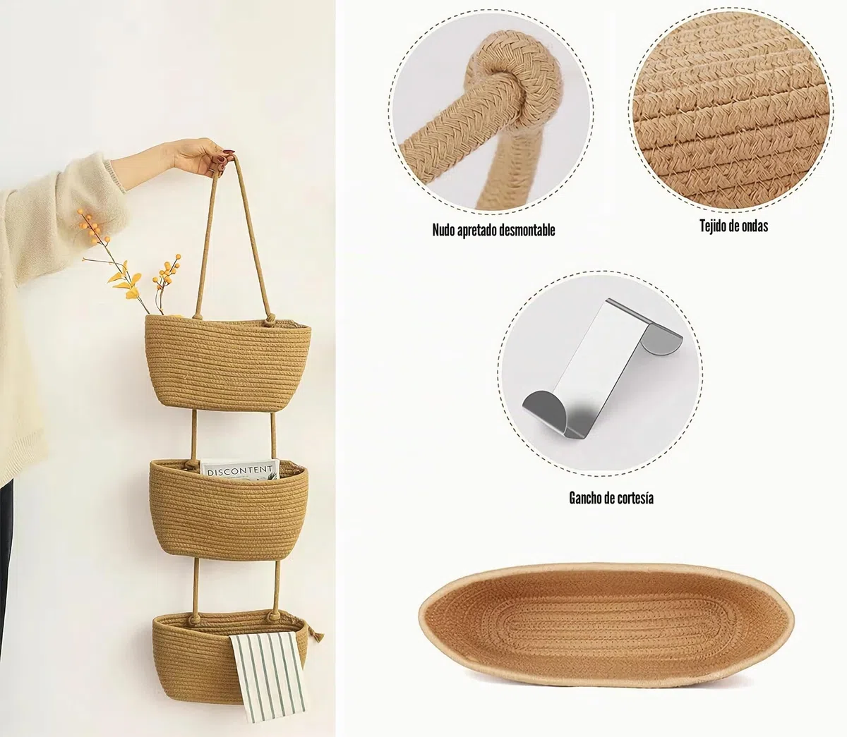 AARAINBOW Cestas de algodón para colgar en la pared, cestas decorativas grandes de 3 niveles para pared, guardería, baño (B-marrón)