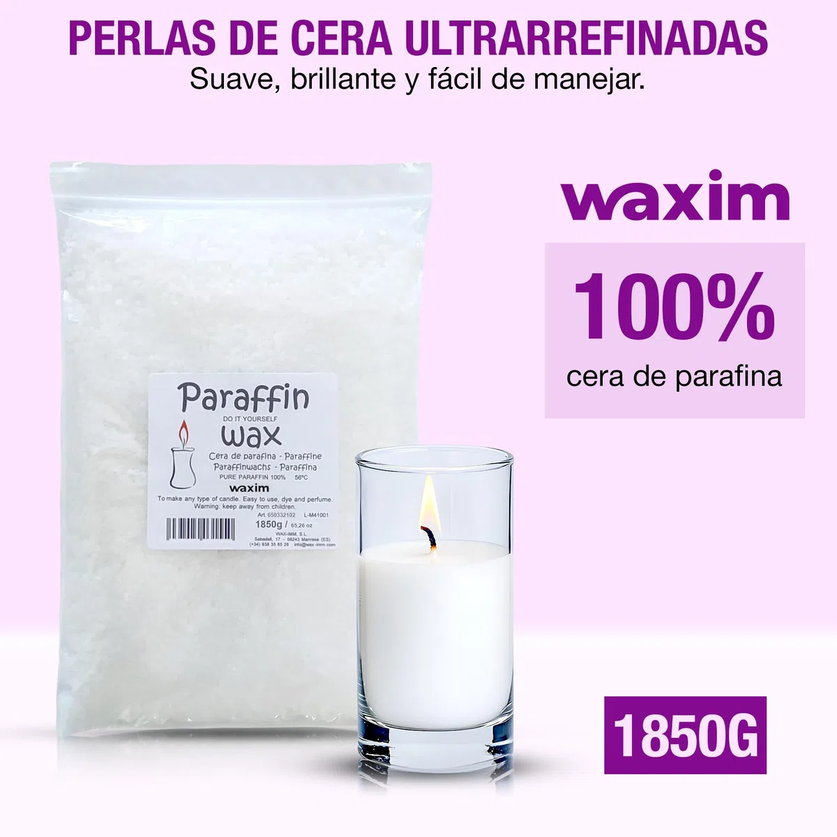 WAXIM Cera de Parafina 1,85 kg en Perlas Blanca | Parafina Refinada para Velas Caseras y Artesanales | Cera Granulada para Velas Aromáticas, DIY, Manualidades y Velas Decorativas y economicas