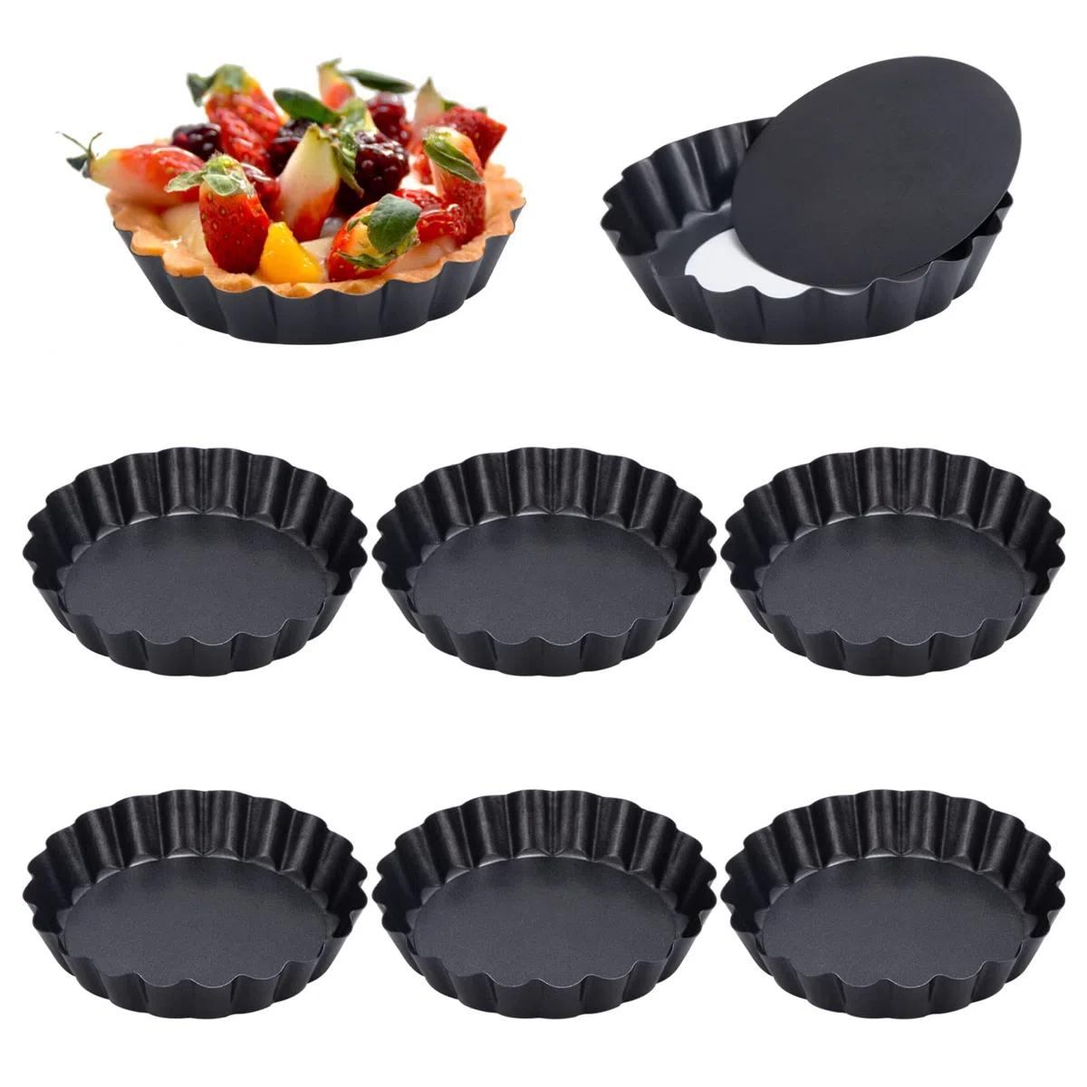 Molde Quiche Tart Pan Antiadherentes, 8 Pcs Round Molde Horno Tartaletas Pie Pan con Base Extraíble Loose Bottom, Individuales Reposteria para Hacer Pizzas, Pasteles (Diámetro 10 cm)