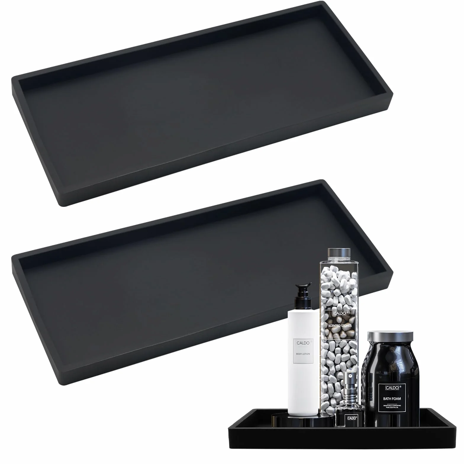 2 Pcs Bandejas de Baño, Bandeja Rectangular Negra,Bandeja Baño, Bandeja Almacenamiento Baño para Tocador,Fregadero de Cocina Y Bandeja de Silicona para Baño