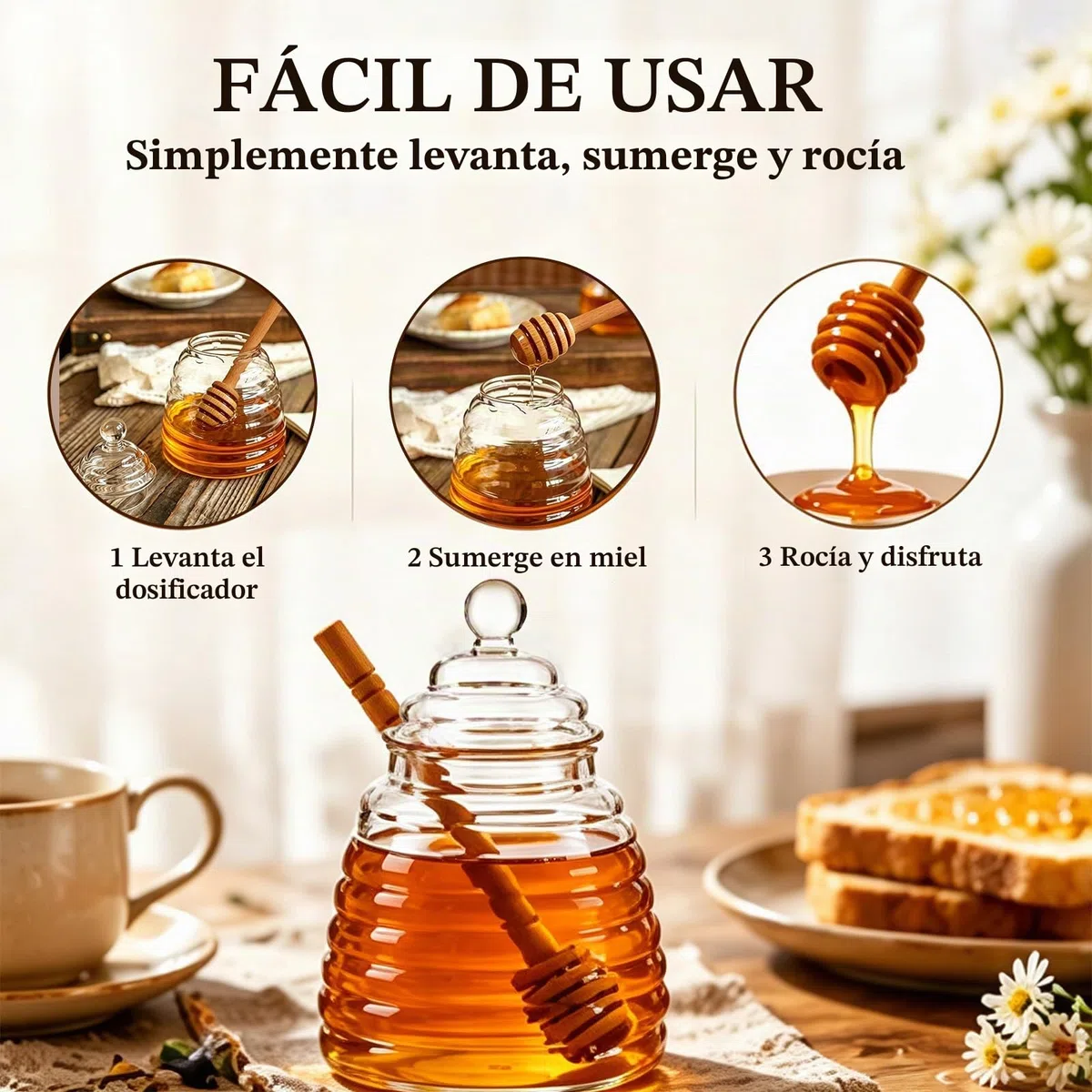 Tarro Dosificador para Miel 500ml - Dispensador Reutilizable para Sirope y Salsas, Incluye Cuchara Medidora y Tapa Vaso, Ideal para Almacenamiento de Almíbar (Diseño Antigoteo)