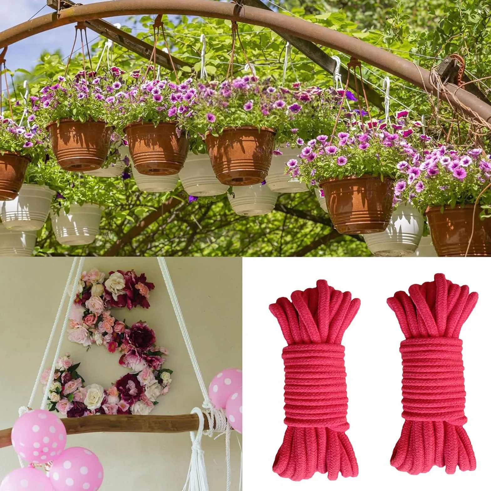 4 Piezas Cordón Retorcido de Algodón Grueso, 10 Metros de Largo, 8 mm de Espesor, Cuerda Trenzada para Tender Ropa, para Acampar, Jardinería, Canotaje, Tirar de la Cuerda, Mascota, Escalada (Rojo)