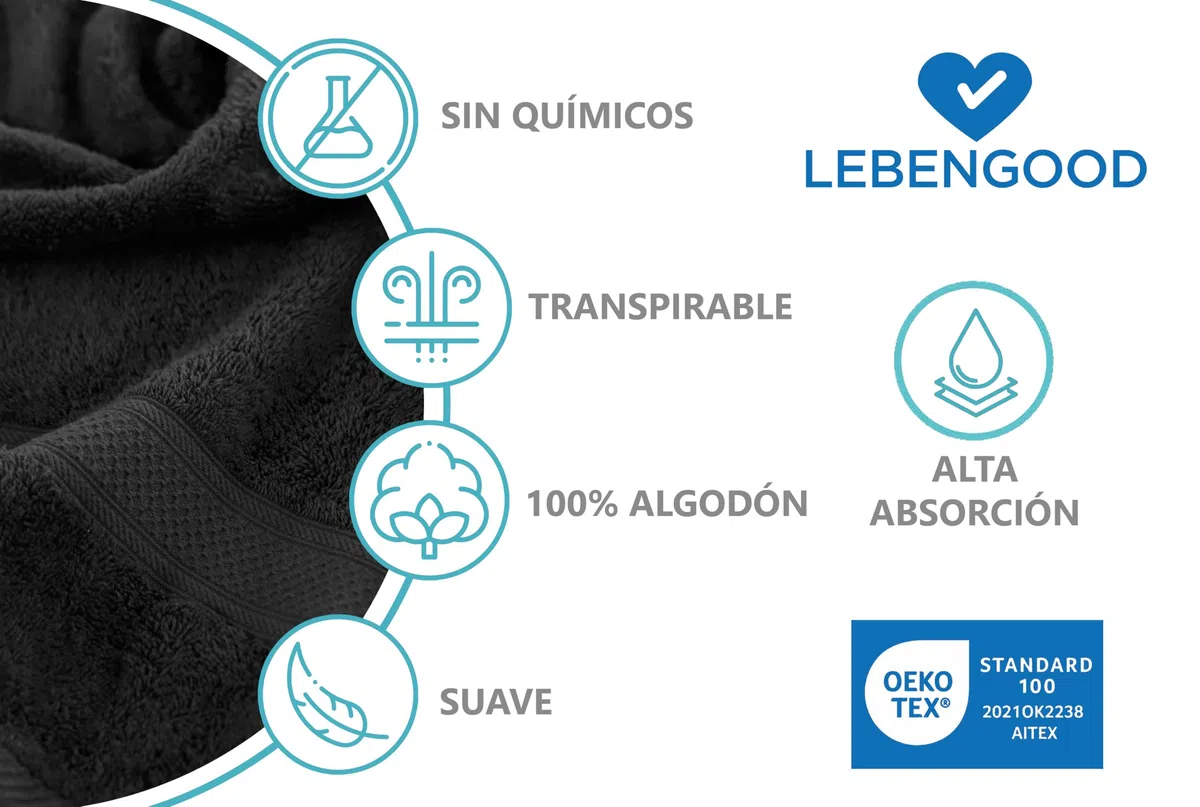 LEBENGOOD Juego de Toallas Baño y Lavabo 100% Algodón Premium 550gsm | Toallas Suaves, Absorbentes y Resistentes para Ducha, Hotel, SPA y Gym | Set de 4 Toallas Mano y Cuerpo (4 50X90 Negro)