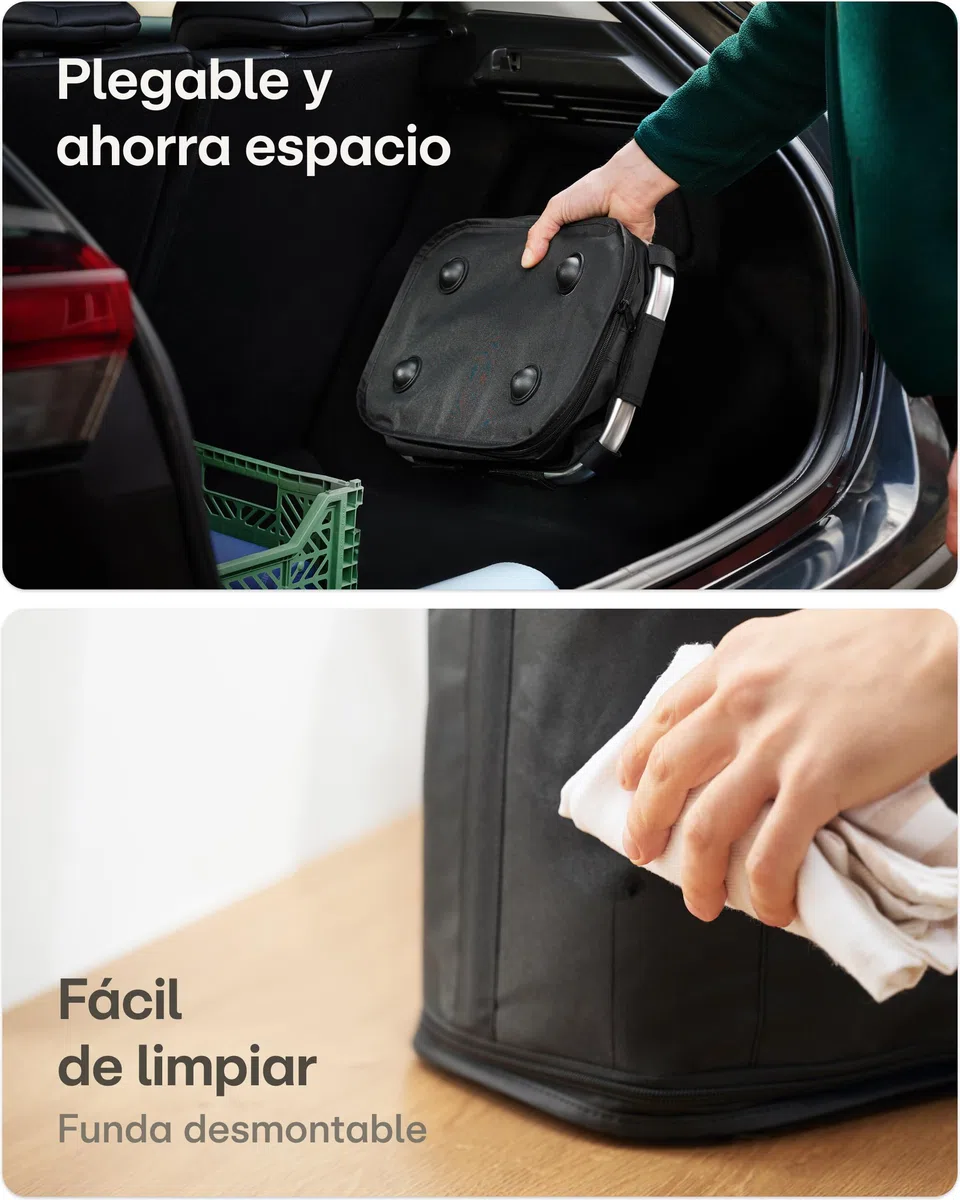 Praknu Cesta de La Compra Plegable Grande – 2 en 1 Expandible de 25L a 35L – Tejido Lavable – Estable con Marco de Aluminio y Base Reforzada – Bolsillos Extra Interiores y Exteriores – Negro