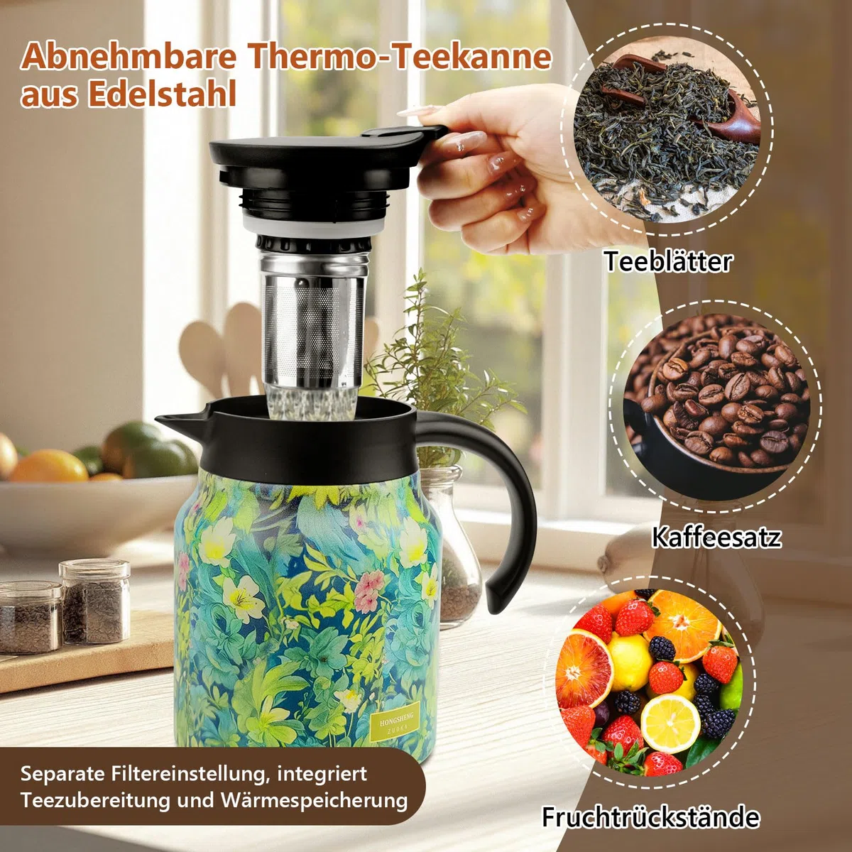 Termo vintage con estampado floral de 1000 ml y colador, jarra térmica de acero inoxidable 316, tetera aislada para cocina, hogar y apartamento