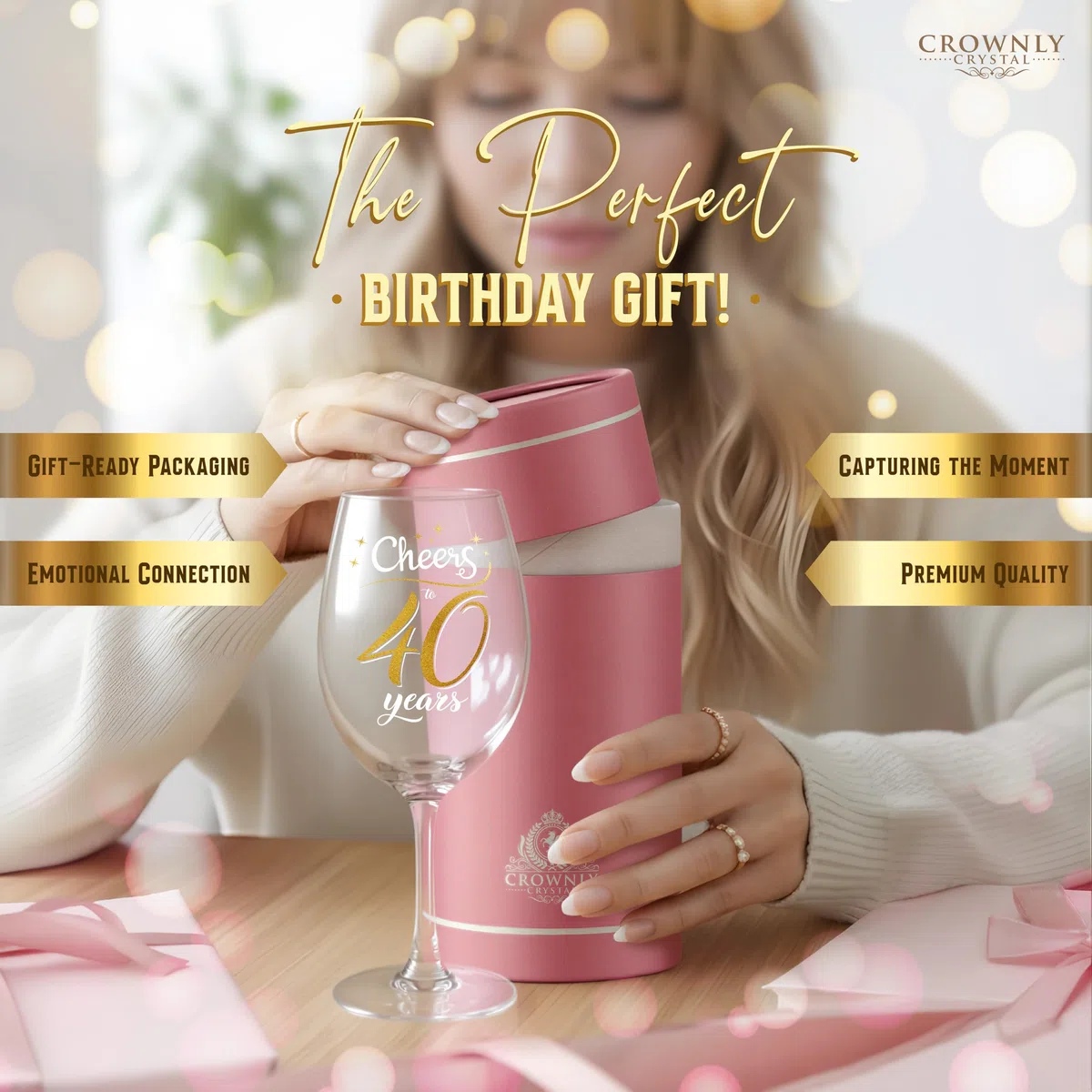 CROWNLY CRYSTAL Copa Vino Cristal Regalo Personalizado Mujer 40 Años Cheers To 40 Years Cumpleaños Mujer Aniversario Brindis Elegante Copa Para Vino Cava Y Cócteles Recuerdo Especial