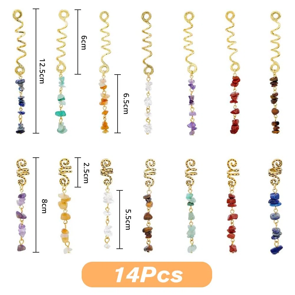 SUPERFINDINGS 14pcs 7 Colores Trenzas Joyas para el Cabello con Piedras Naturales Colgante Cristal Espiral Loc Joyería Cristal Dreadlock Accesorios Encantos para el Cabello para Trenzas