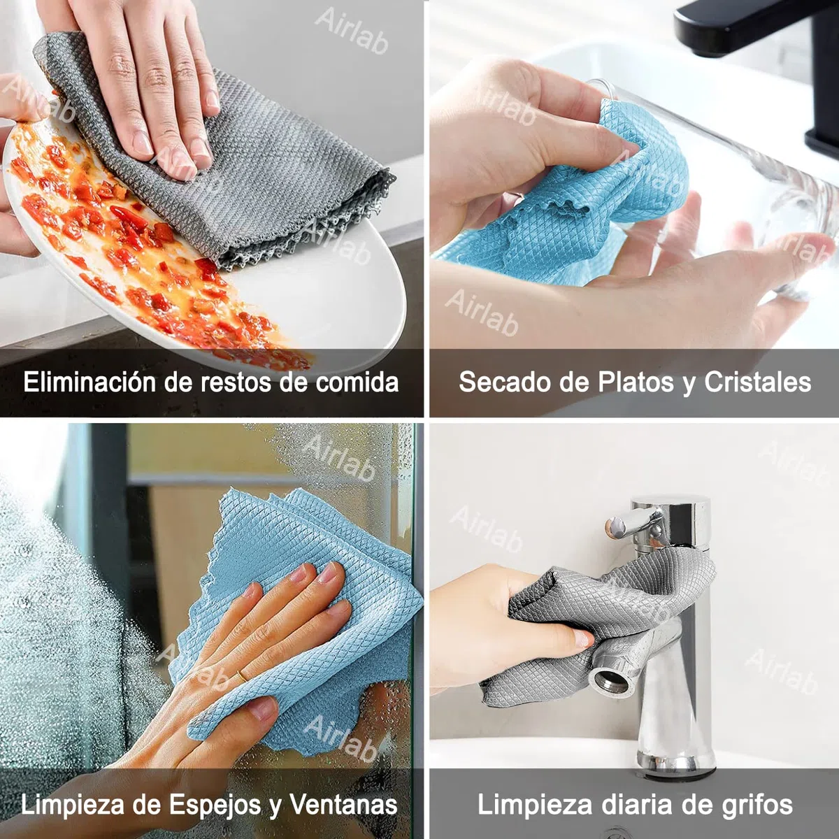 Airlab 8X Nano Paños de Limpieza Magico, Bayetas de Microfibras para Cristales sin Rayas, Trapo Balletas para Cocina Coches Automóviles Ventanas Vidrios Espejos Grifos Baño, 40 x 30 cm