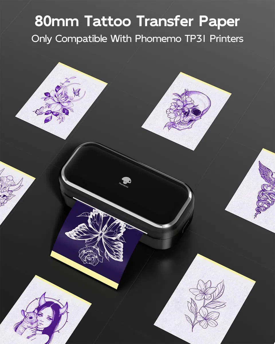 Phomemo TP31 Papel de Transferencia de Tatuaje, Papel Térmico de Impresora Plantilla Para Tatuaje, Compatible Con TP31 Impresora Termica Tattoo, 80 mm x 133 mm 100 Hojas