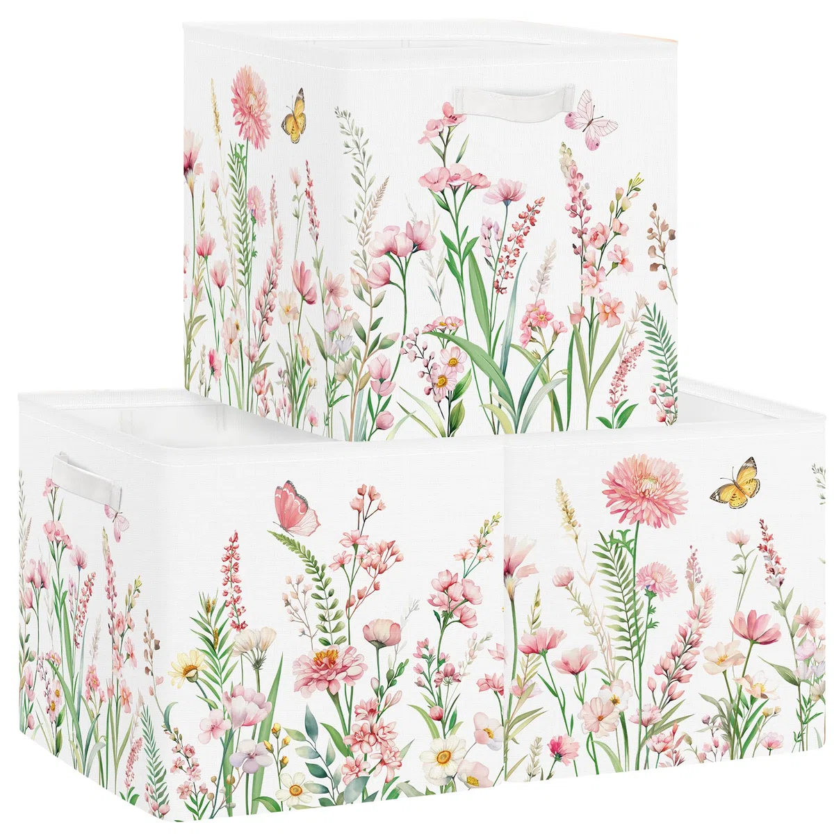 Clastyle Juego de 3 Cubos de Almacenamiento Flores Caja Organizadoras de Almacenaje Juguetes Libro para Infantil Cubo de Almacenaje Armario para Ropa Mujer Niña, Rosa, 30x30x30 cm