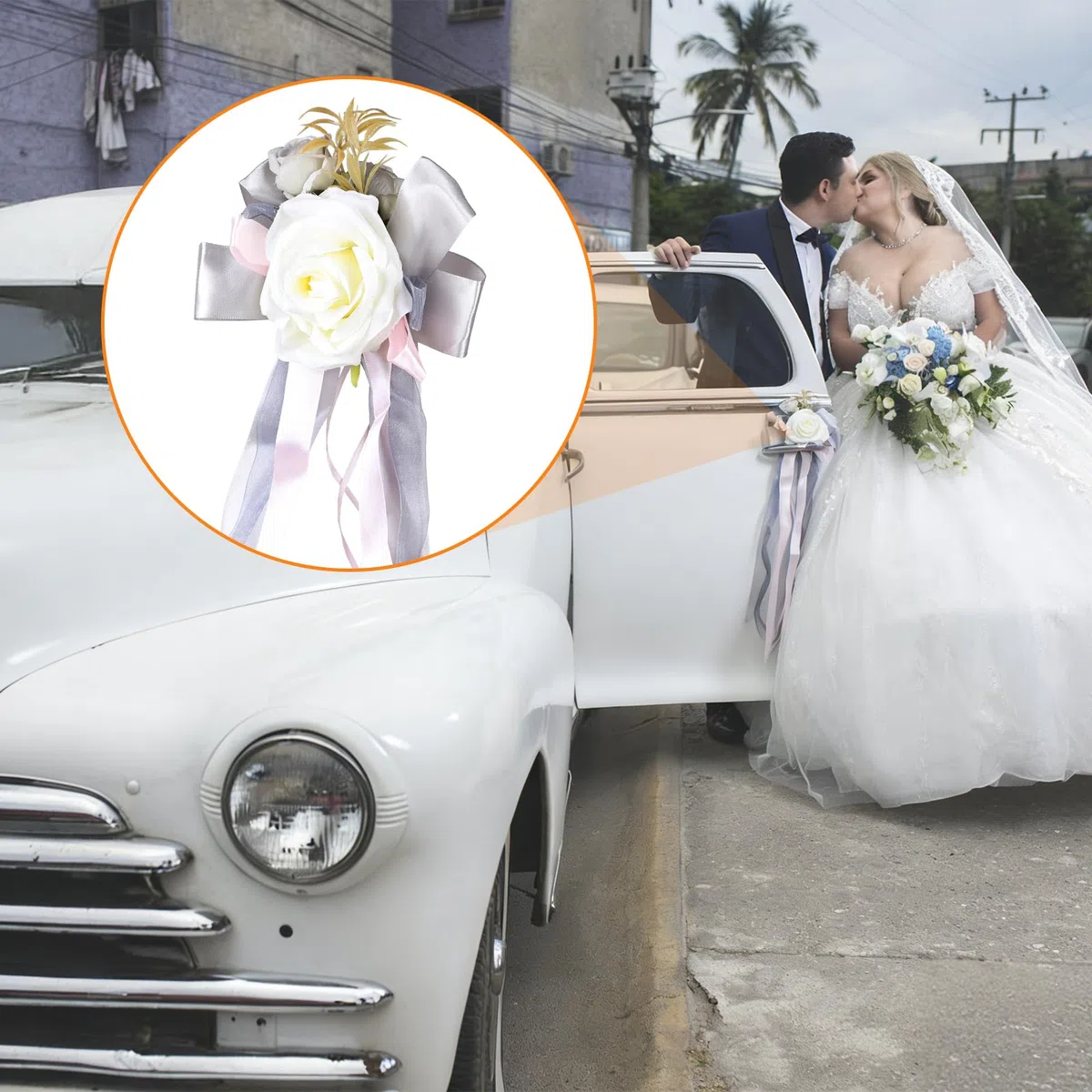 DBREAKS 4 Piezas de decoración para Coches de Boda, Floral para manillas de Puertas de Coches, Rosa Blanca Artificial con ventosas, para retrovisores