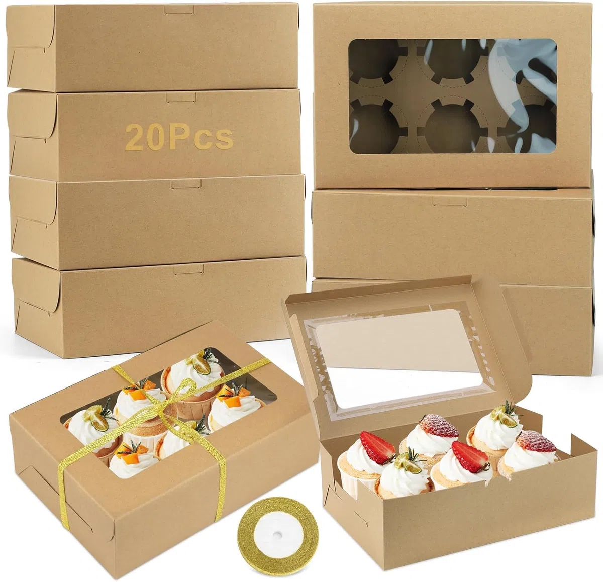 Paquete de 20 Cajas Para Cupcakes - Caja de Transporte para Magdalenas y Caja para Tartas - Caja de Cupcake con Ventana Transparente para Cupcakes, Muffins, Postres (color kraft)