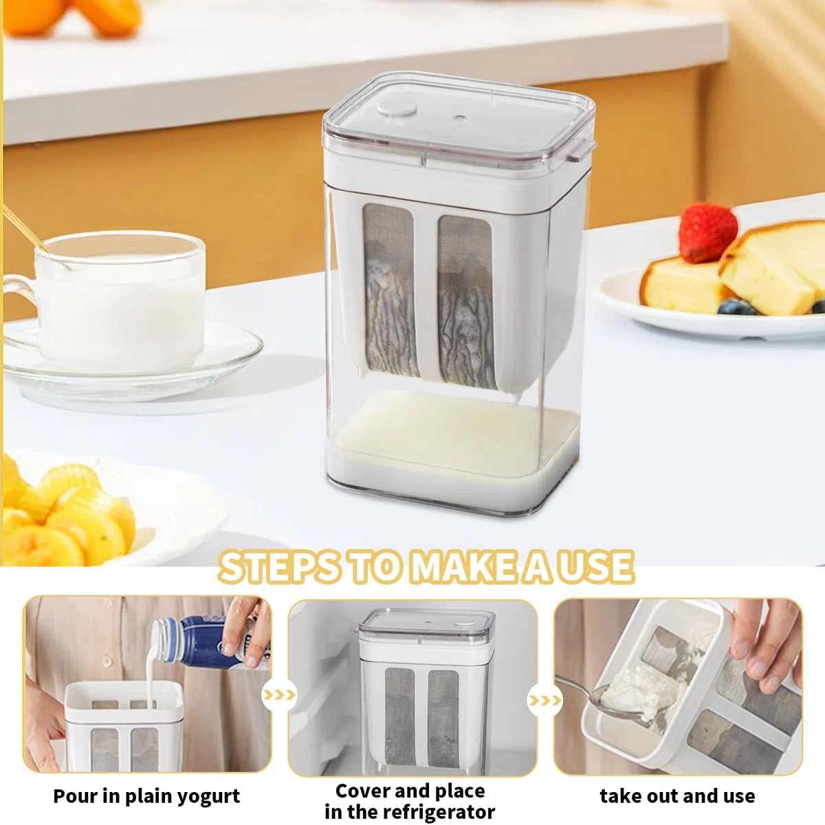 Colador de Yogur de 1100 Ml con Tapa, Equipado con Dosificador de Yogur, Separador de Suero, Malla de Acero Inoxidable, para Yogur Griego Espeso, Reutilizable para Yogur, Leche de Soja y Zumo (1100ml)
