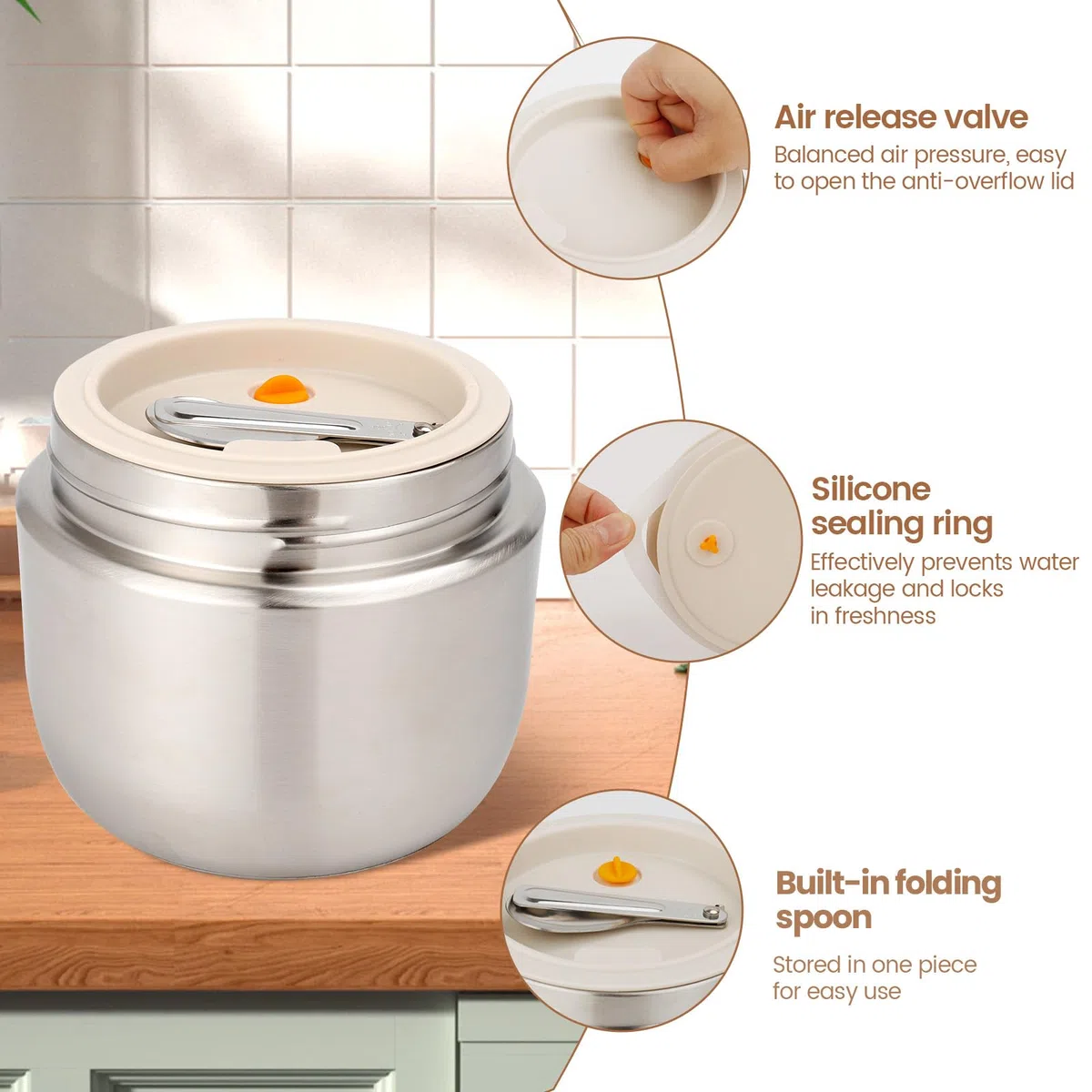 Termo Comida Caliente 1200ml, Térmico para Alimentos con Cuchara Plegablem, Fiambrera Térmica Acero Inoxidable, Termo de Comida para Adultos y Niños - Plata