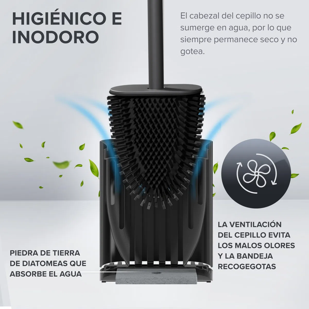 ovimar Escobillero Abeloya | Negro | Escobilla de baño de Silicona | Escobilla de baño con ventilación | Acero Inoxidable | Bandeja de Goteo extraíble | sólo 6 cm de Ancho | Montaje en Pared Opcional