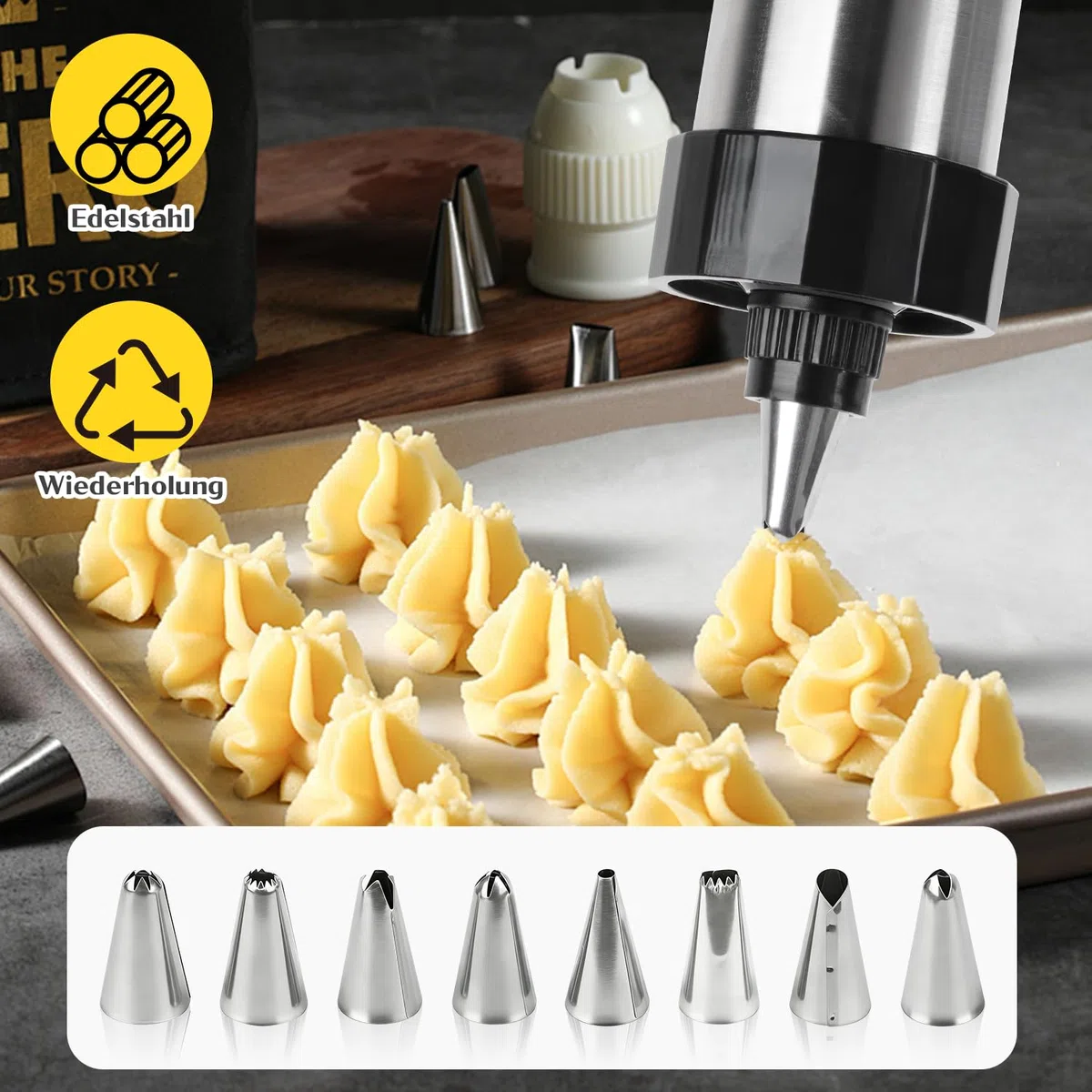 Churreras para Churros Prensa de Galletas Biscuit Maker Maquina para Hacer Churros Pistola de Repostería de Acero Inoxidable Maquina de Galletas Churrera Manual con 13 Plantillas y 8 Boquillas