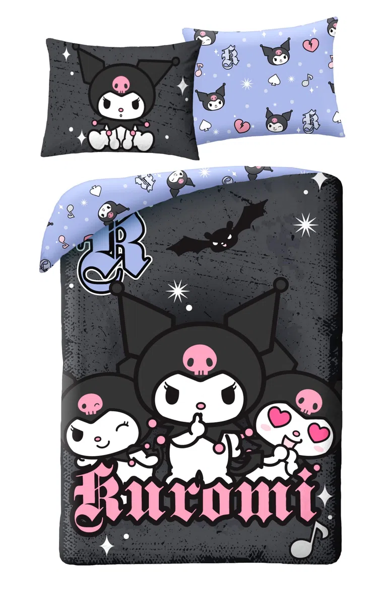 Kuromi Sanrio Funda Nórdica Cama 90 140x200 + Funda Almohada Negro Lavanda | Ropa de cama reversible | Microfibra suave secado rápido Oeko-Tex | Hello Kitty & Friends | Niña | Regalo | Idea regalo